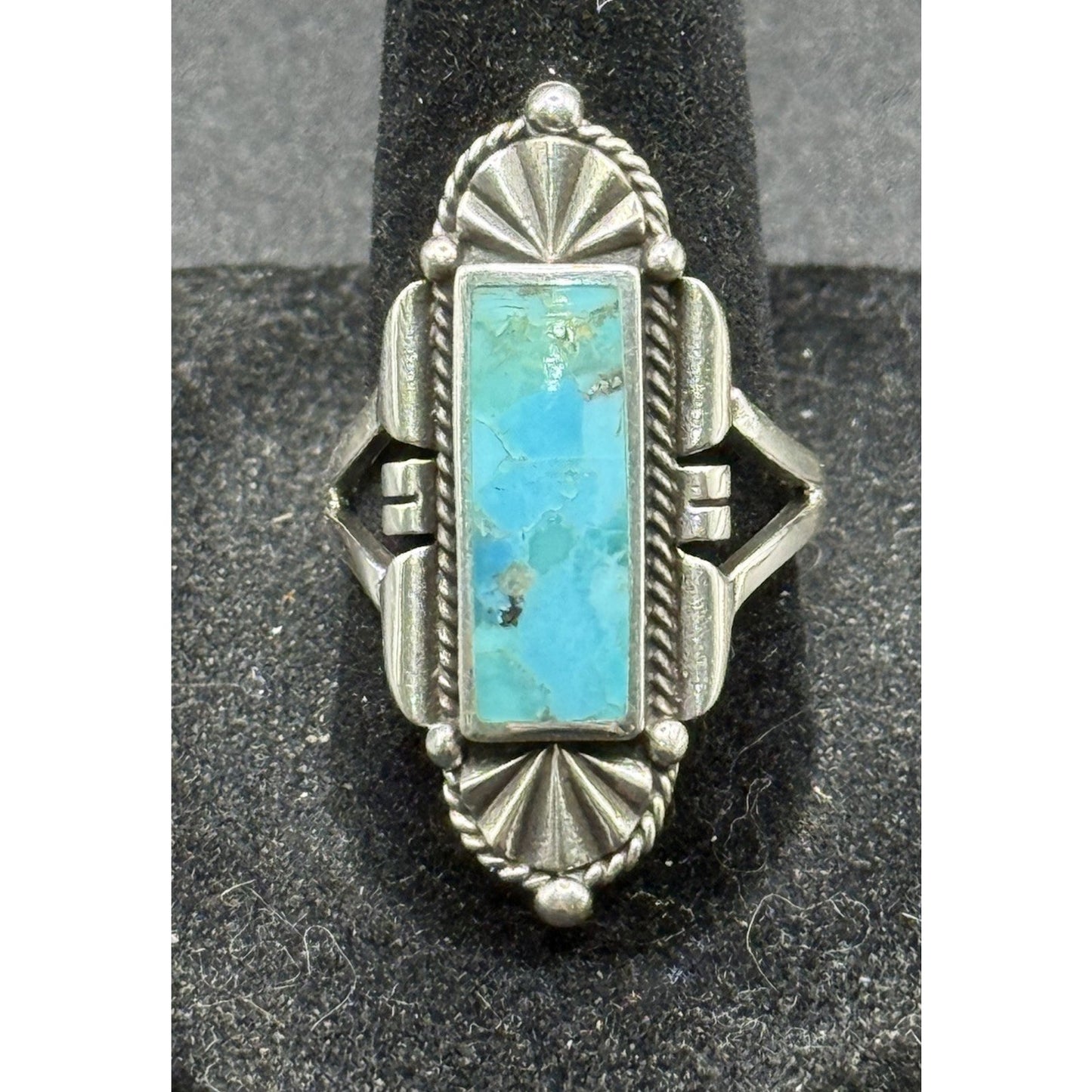 New Condition Sterling Silver Art Deco Turquoise Ring Size 8.00 925