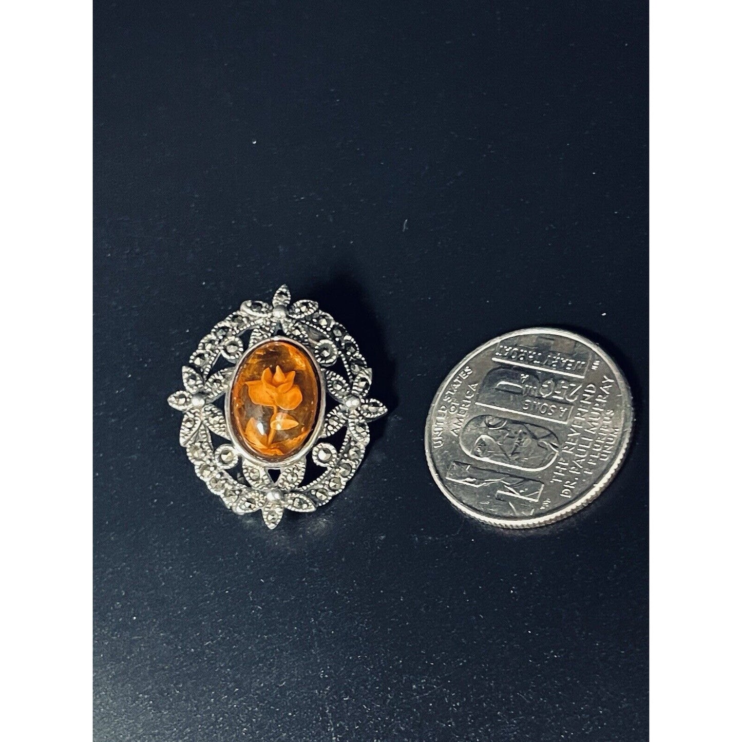 Vintage Sterling Silver Marcasite Flower In Glass Brooch 925 L19