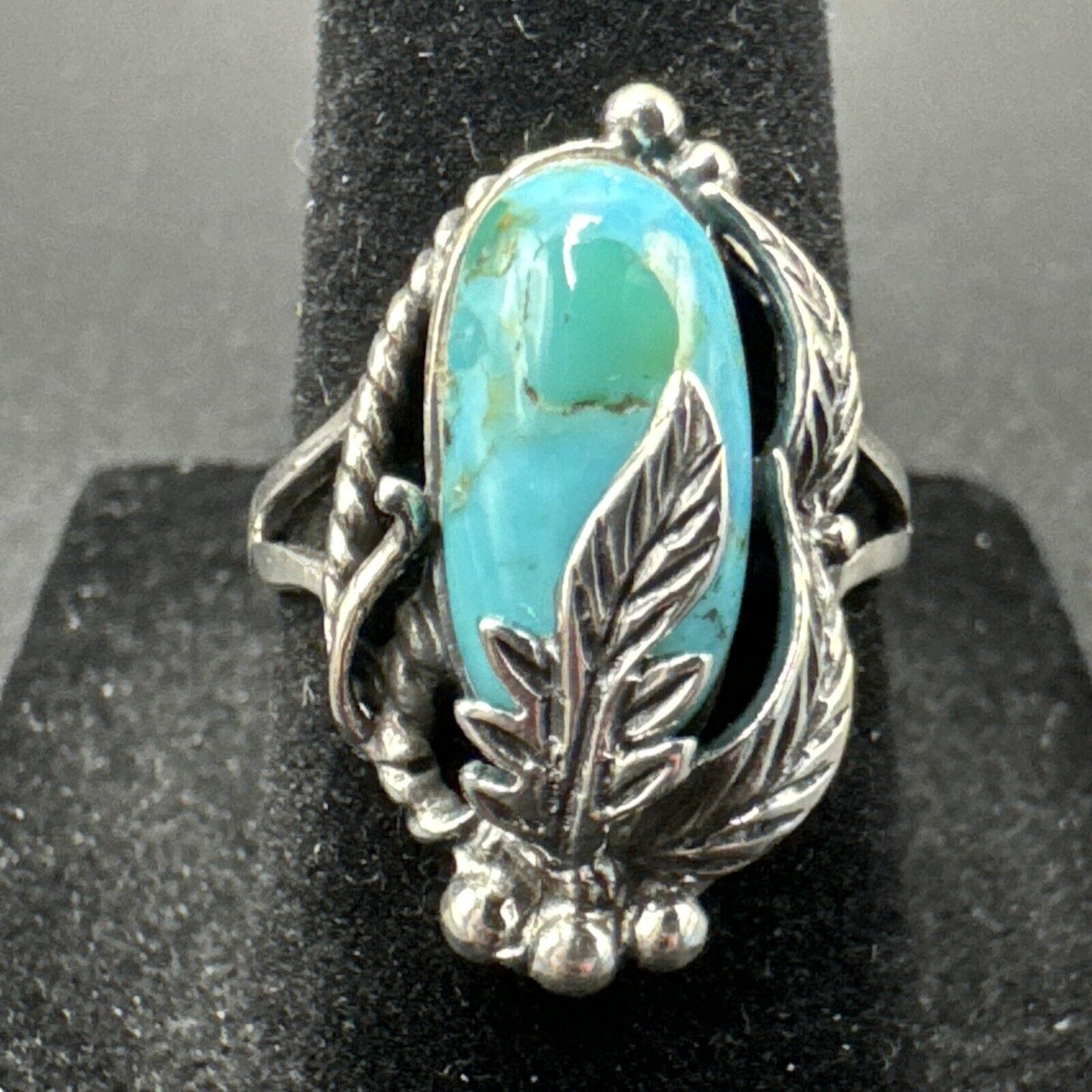 New Condition Turquoise Sterling Silver Feathers Ring 925 Size 6.50