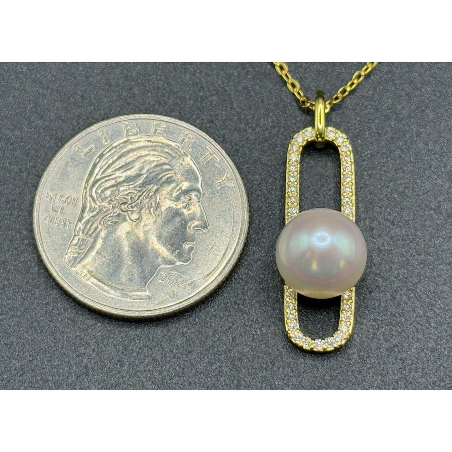18” New Condition Gold S.S. Genuine Pearl Moissanite Modernist Pendant GRA