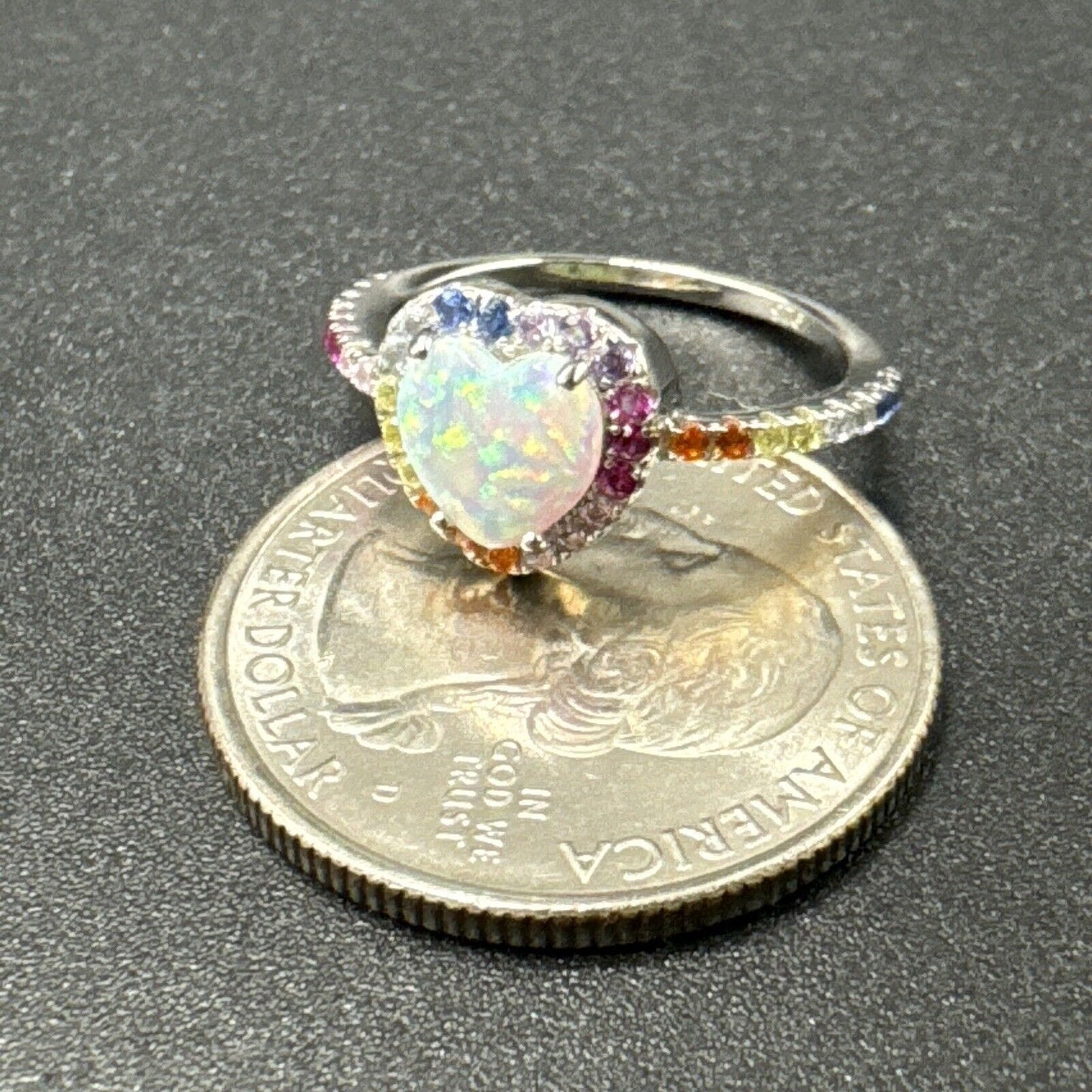 New Condition Sterling Silver Opal Heart Multi Color CZ Ring 925 Size 7