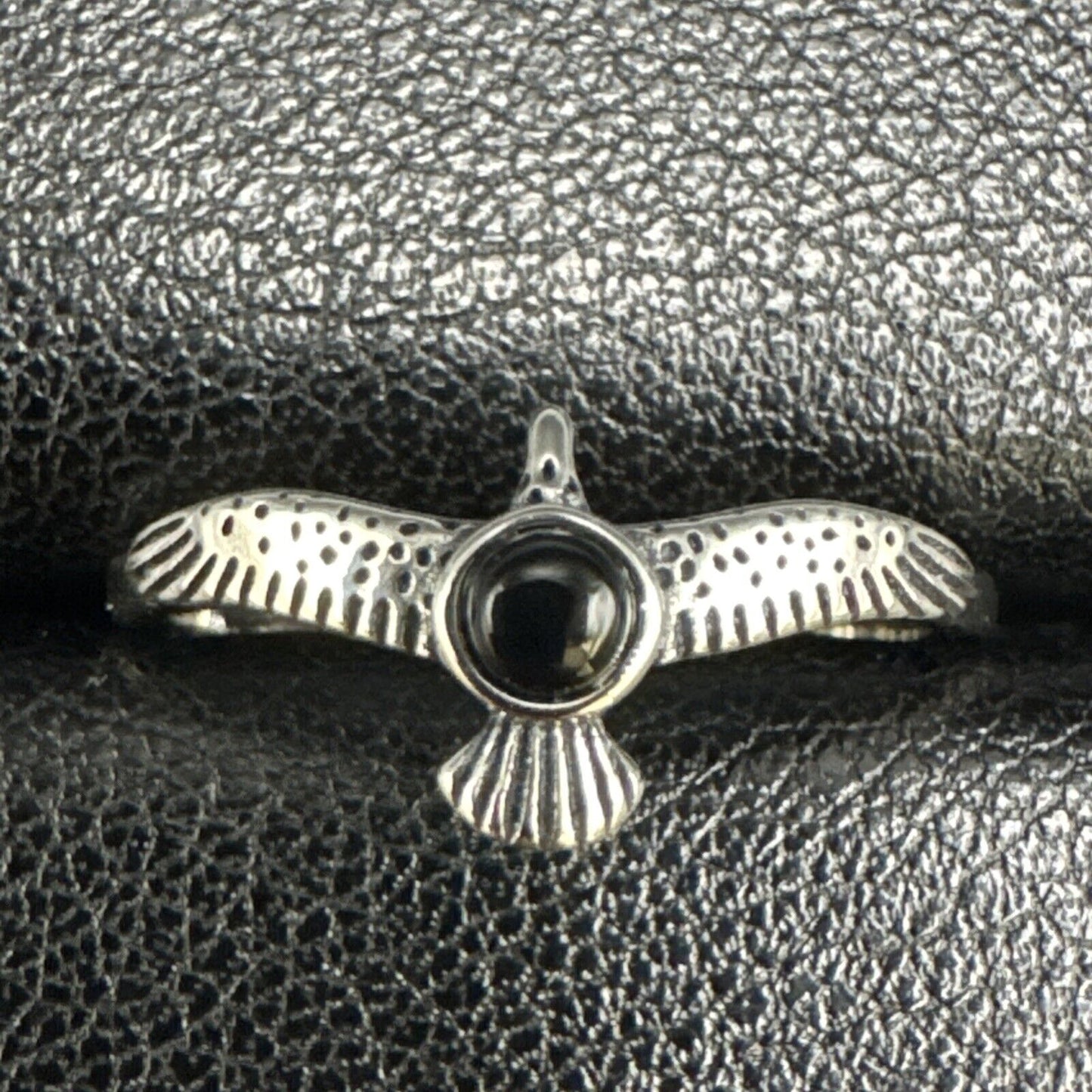 New Condition Sterling Silver Onyx Thunderbird Ring 925 Size 6.5
