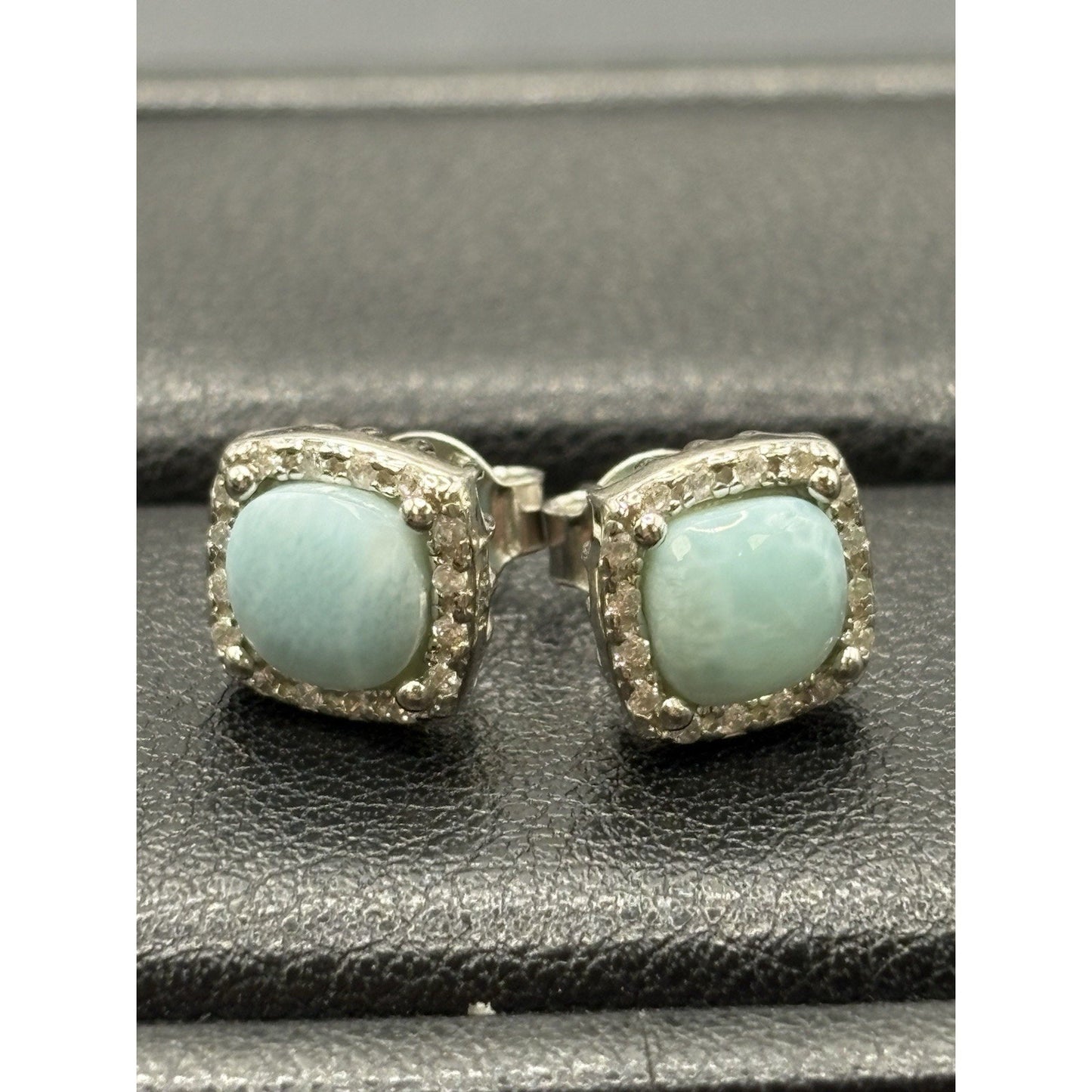 New Condition Sterling Silver Larimar Cubic Zirconia Stud Earrings