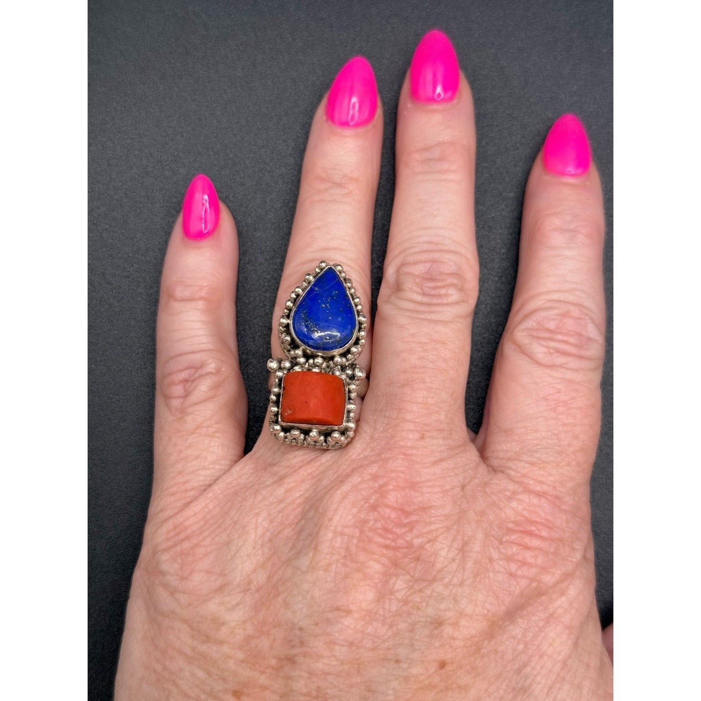 Vintage Sterling Silver Genuine Coral Lapis Ring Size 6.50 15 Grams Q7