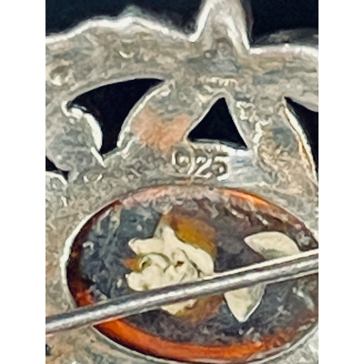 Vintage Sterling Silver Marcasite Flower In Glass Brooch 925 L19