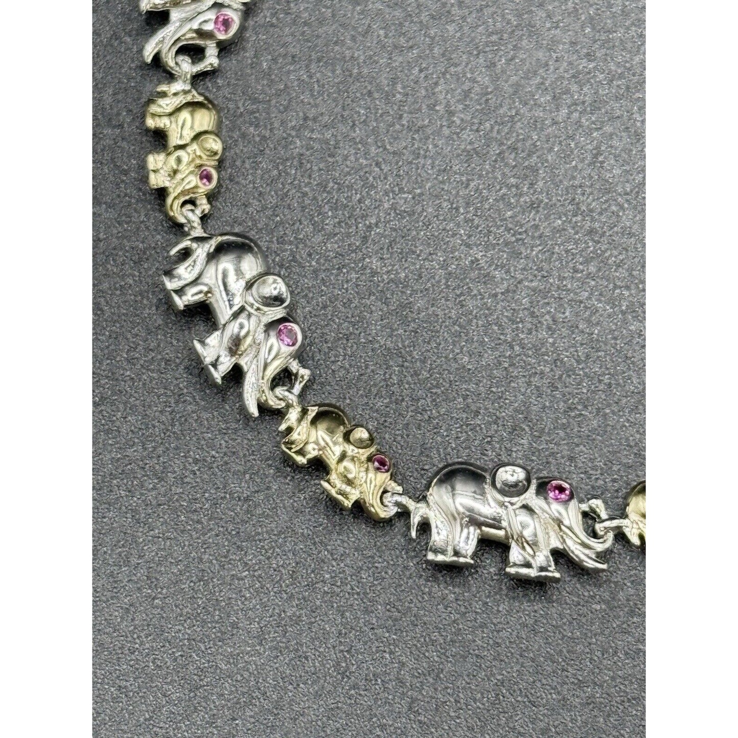 7” New Condition Two Tone Sterling Silver Elephant Bracelet Lab Ruby