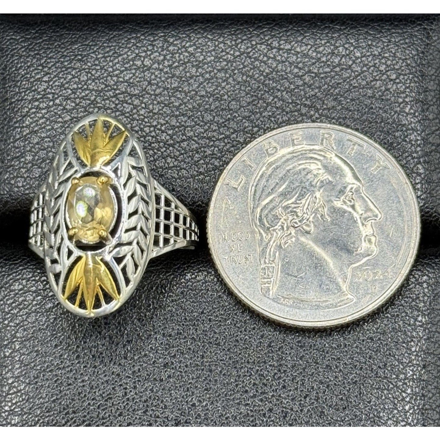 New Condition Sterling Silver Two Tone Genuine Citrine Ring Size 8.00