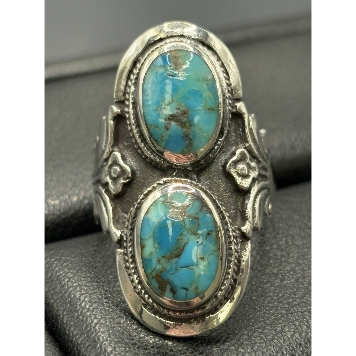 New Condition Sterling Silver Double Turquoise Long Ring Size 6