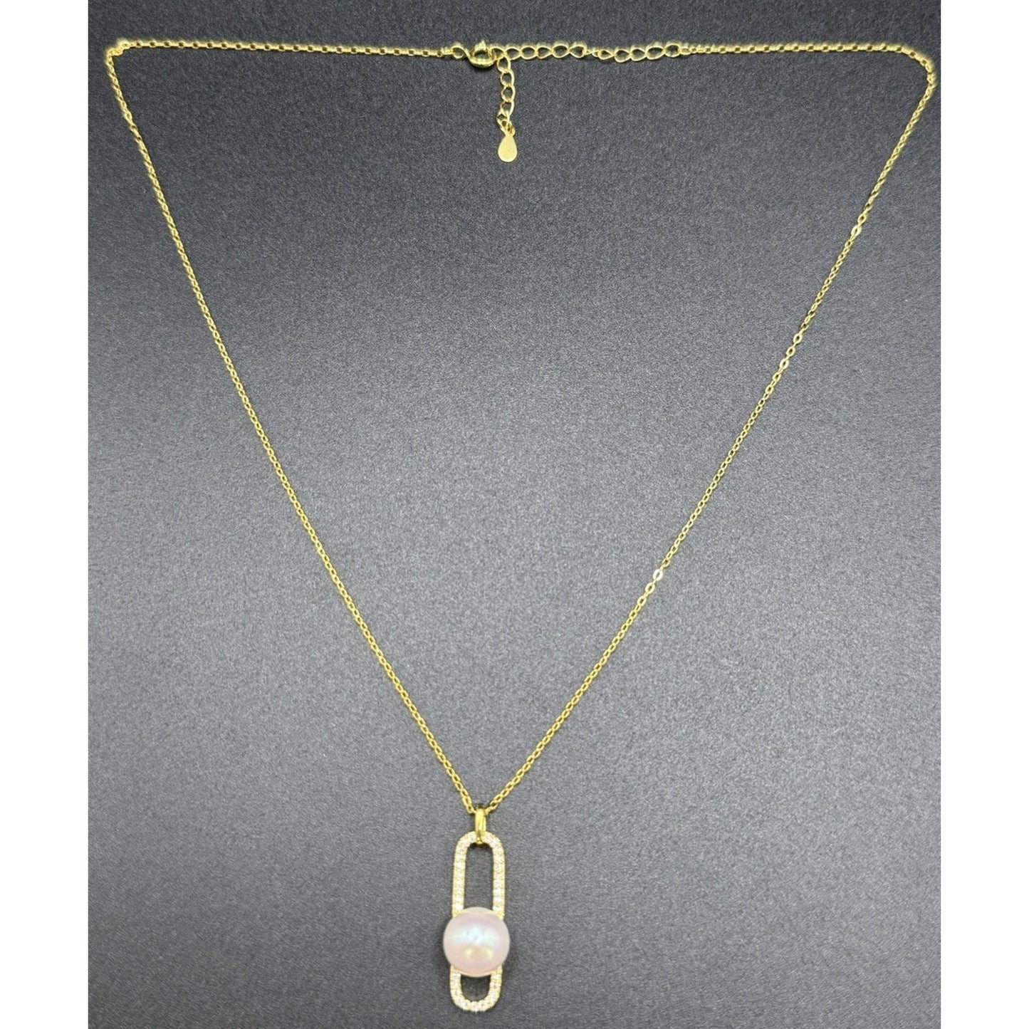 18” New Condition Gold S.S. Genuine Pearl Moissanite Modernist Pendant GRA