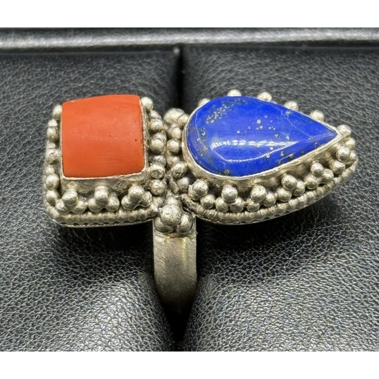 Vintage Sterling Silver Genuine Coral Lapis Ring Size 6.50 15 Grams Q7