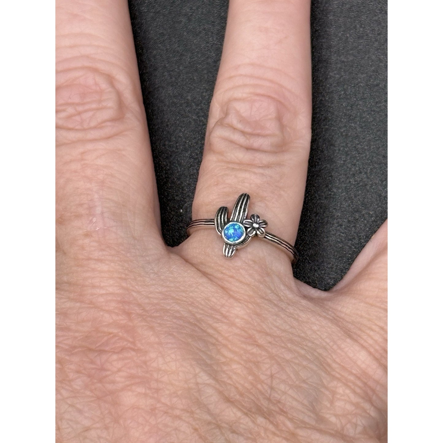 New Condition Sterling Silver Lab Blue Opal Cactus Ring Size 6.75