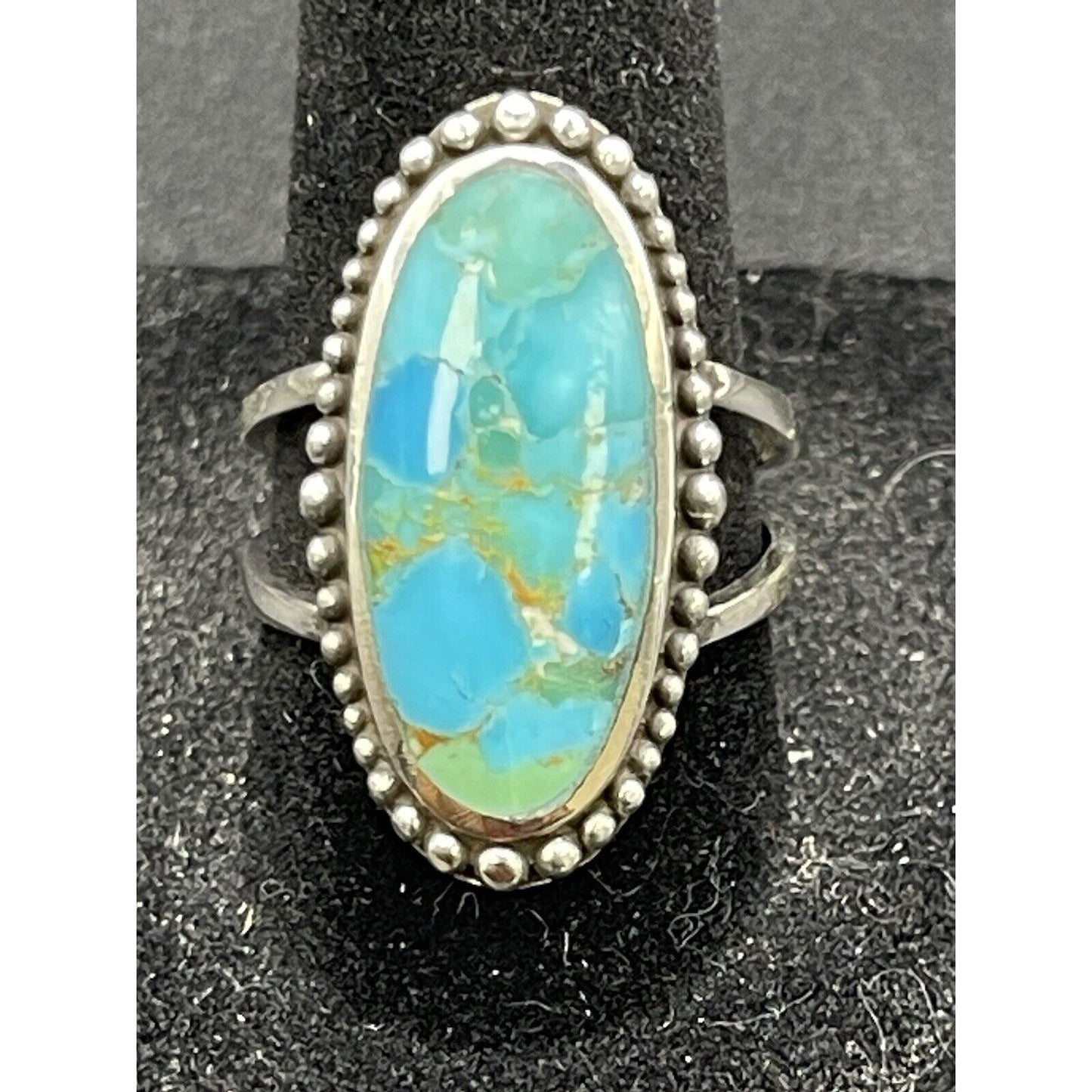 New Condition Sterling Silver Onlong Turquoise Split Shank Ring Size 8.00