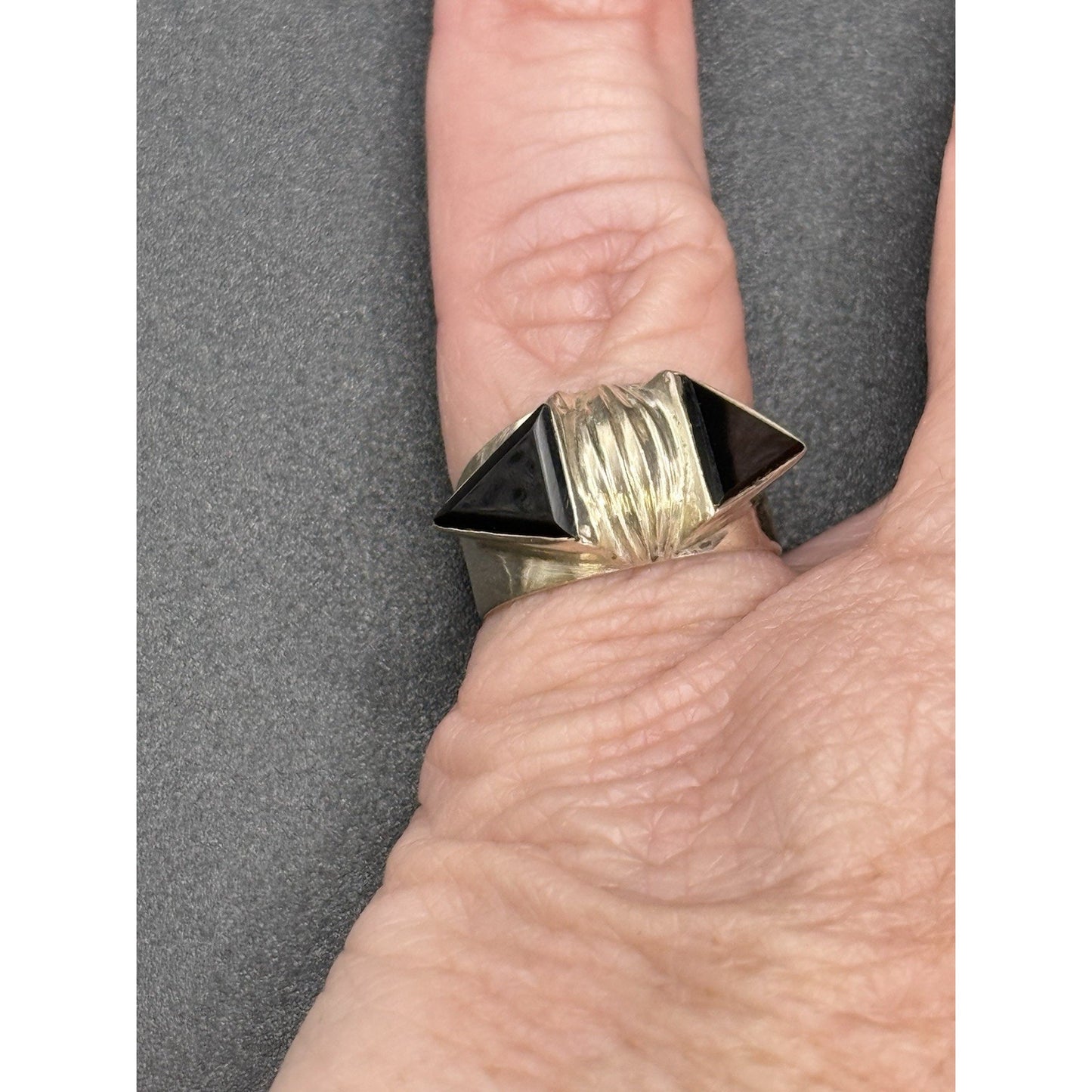 Modernist Sterling Silver Onyx Ring Size 5.00 925 Q2