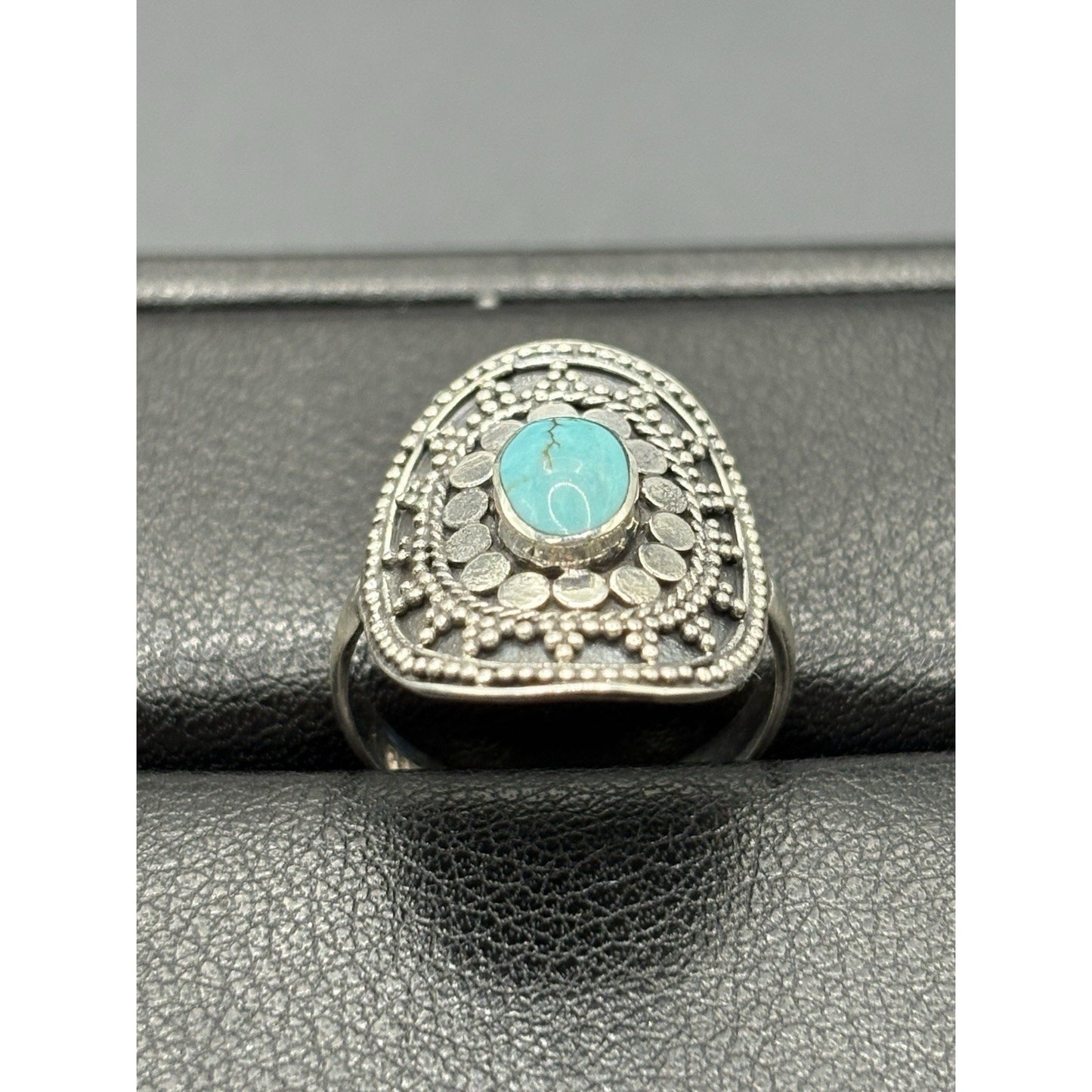 New Condition Sterling Silver Bali Style Turquoise Ring Size 7