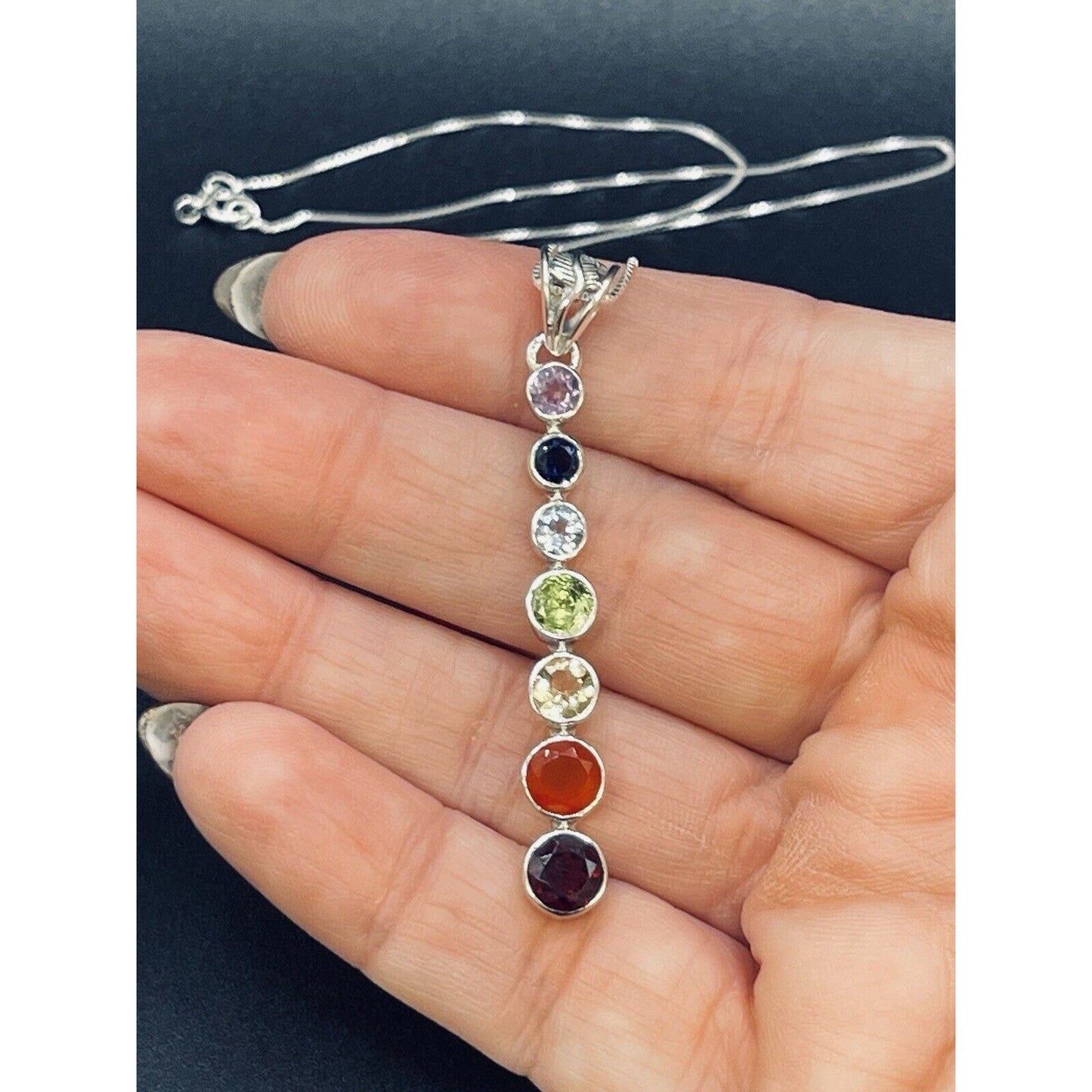 New Condition 18” Sterling Silver Multi Gemstone Graduated Pendant Necklace