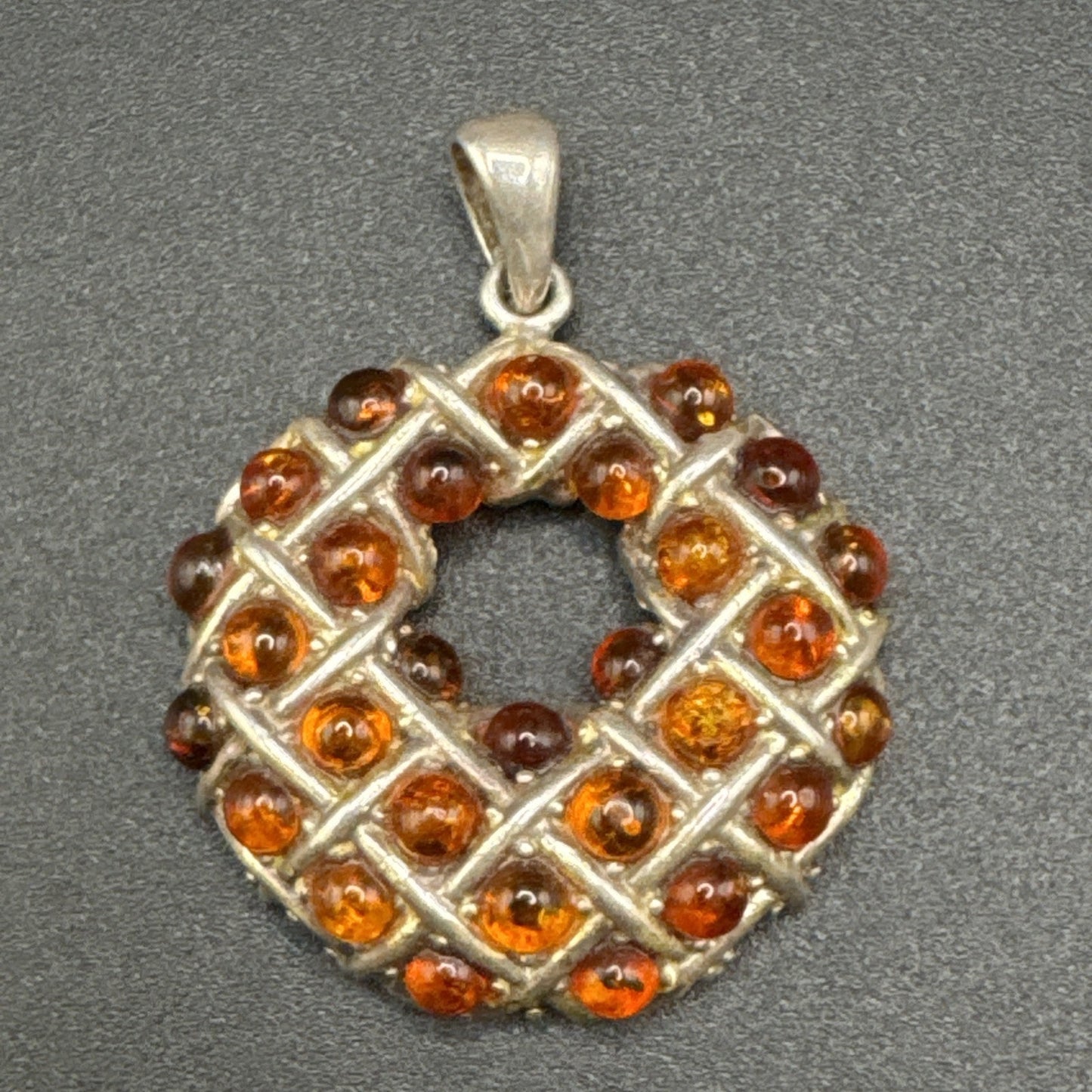 Vintage Sterling Silver Amber Bead Wreath Pendant 925 P2