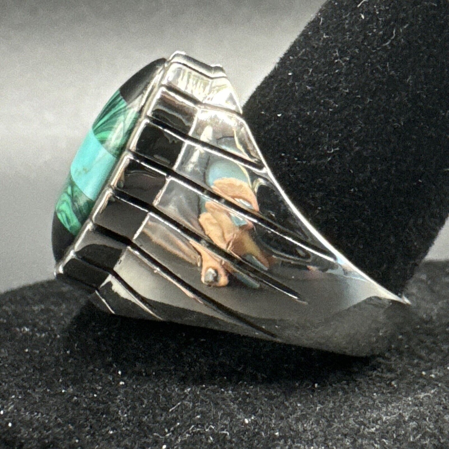 New Condition Sterling Silver Malachite Onyx Turquoise Ring 925 Size 10