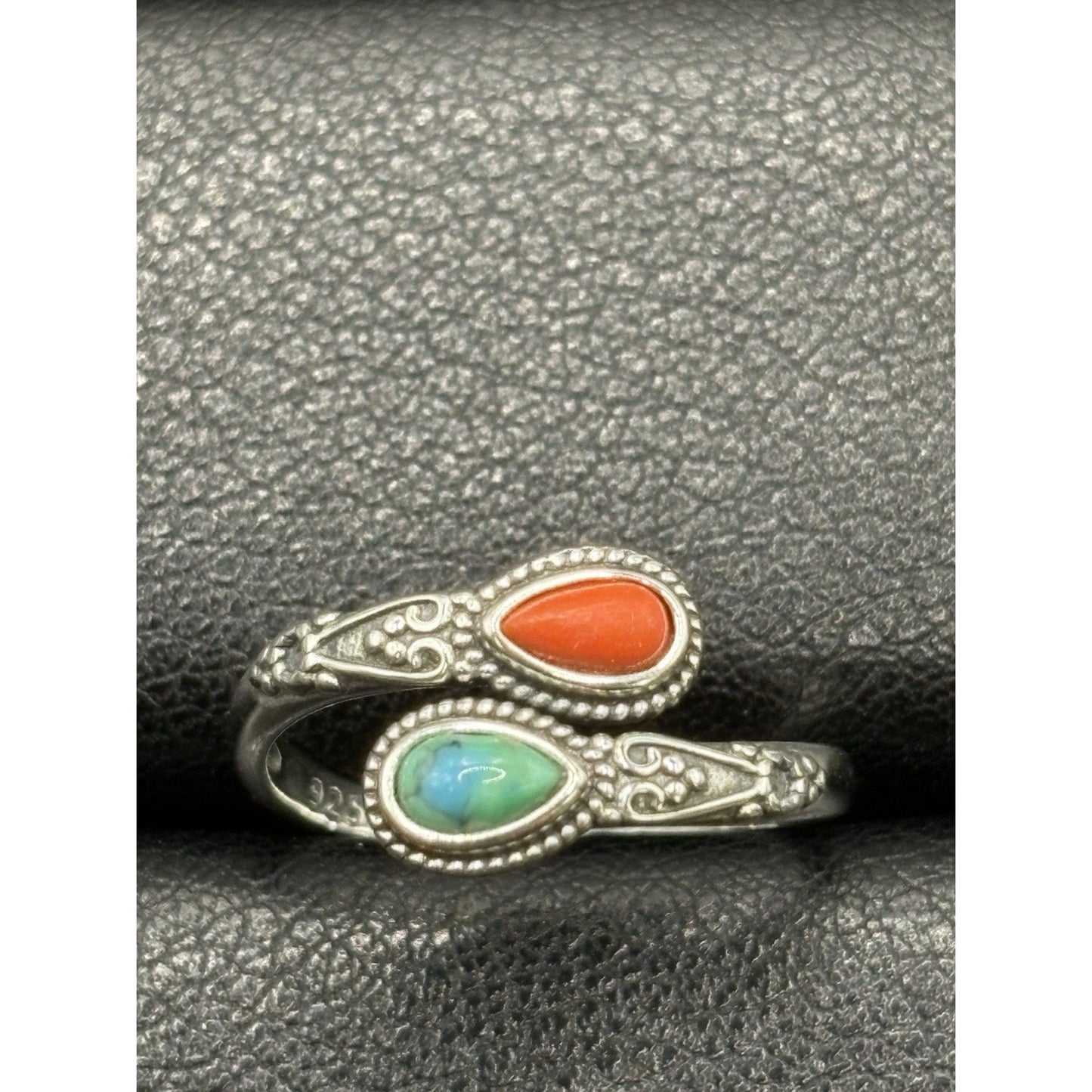 New Condition Sterling Silver Turquoise Coral Bypass Ring Size 7