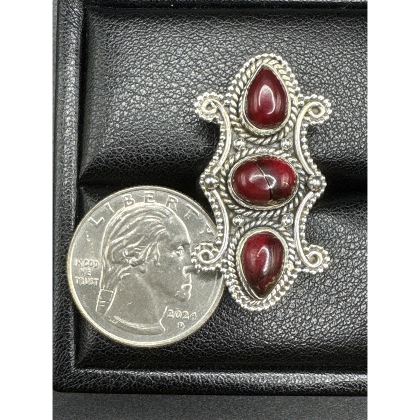 EUC Sterling Silver Red Dahlia Turquoise Long Ring 925 Size 7 T29