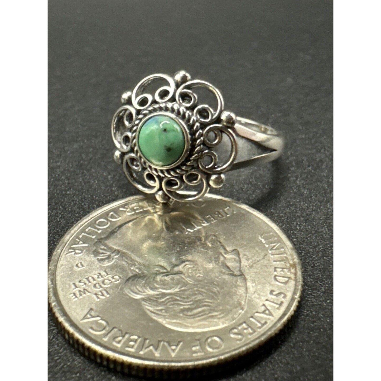 New Condition Sterling Silver Turquoise Stylized Scroll Flower Ring 925 Size 7