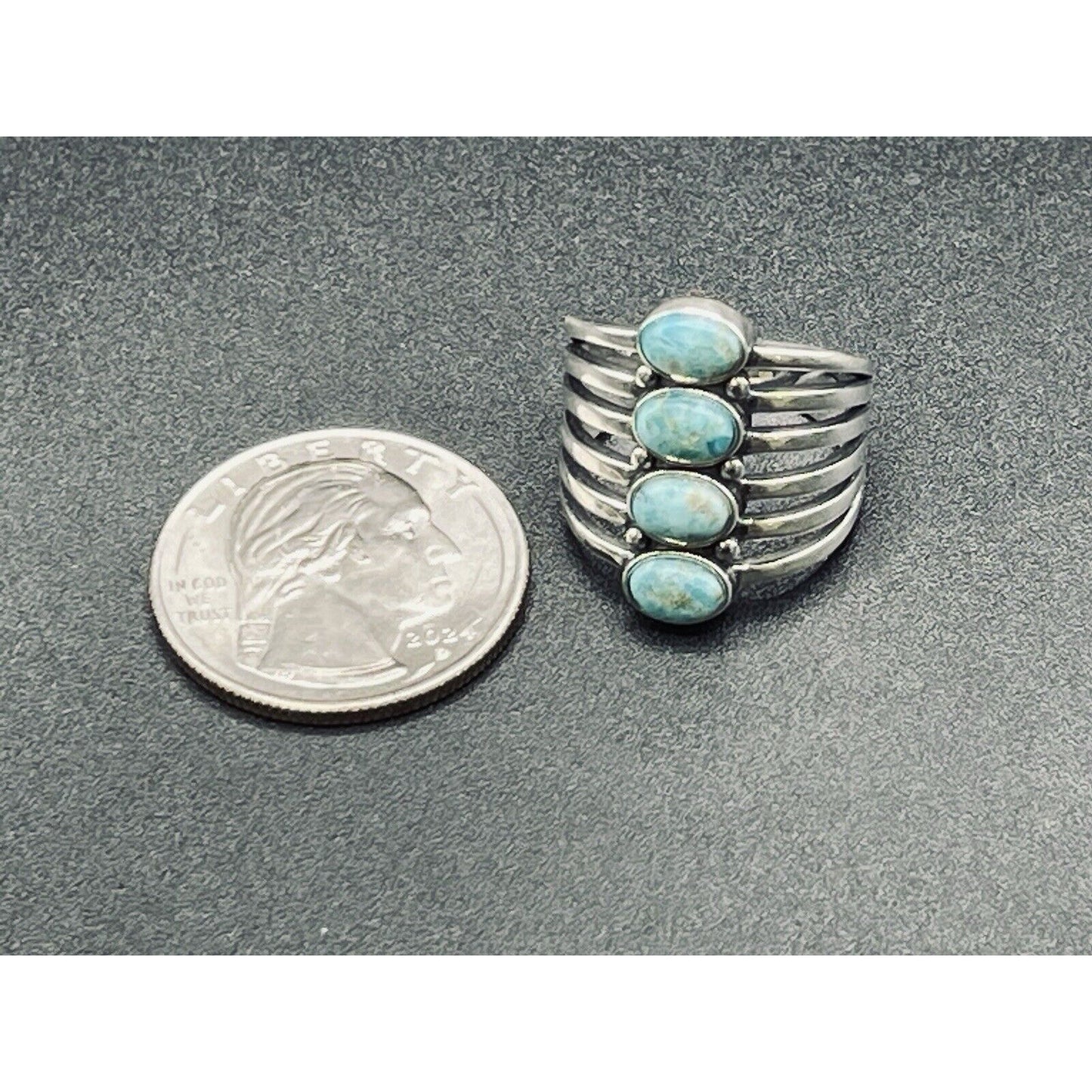 New Condition Sterling Silver 4 Vertical Turquoise Ring Size 6.75