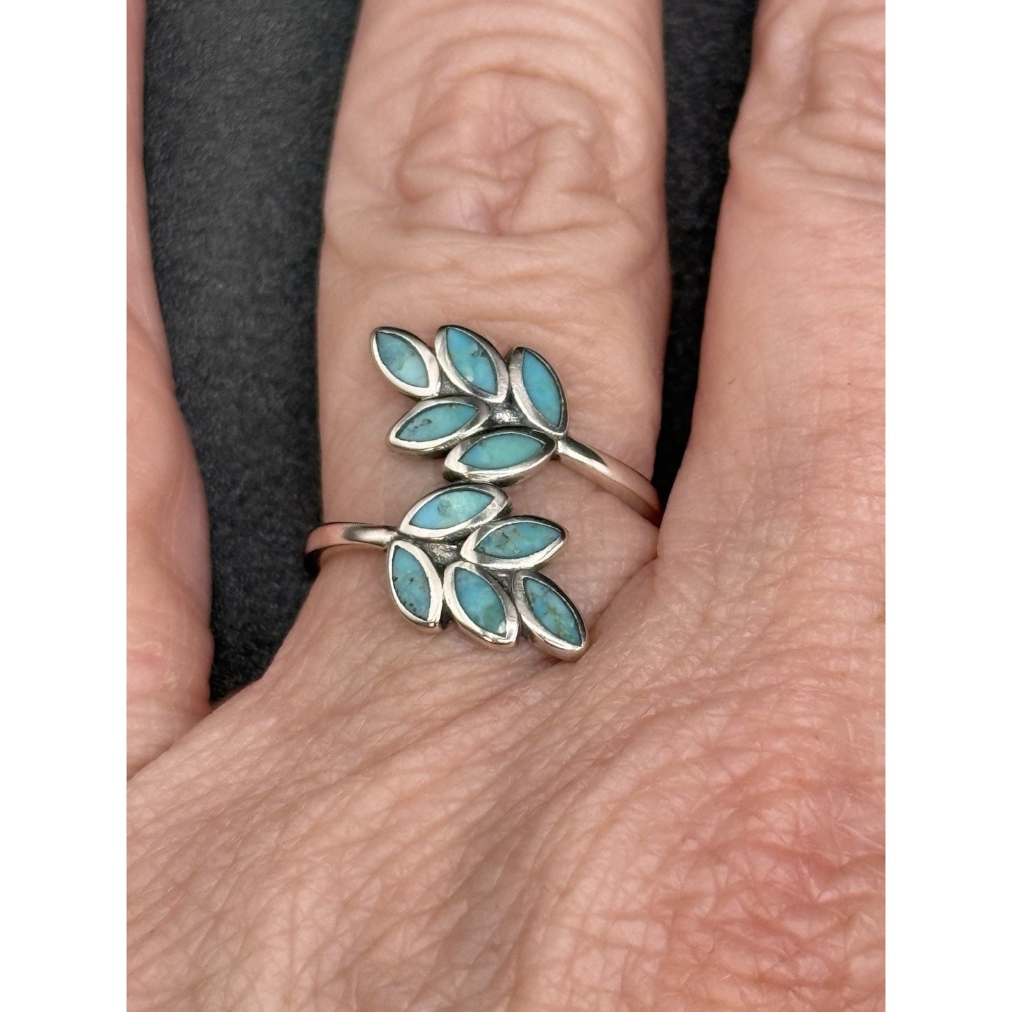 New Condition Sterling Silver Inlay Turquoise Bypass Ring Size 7.00