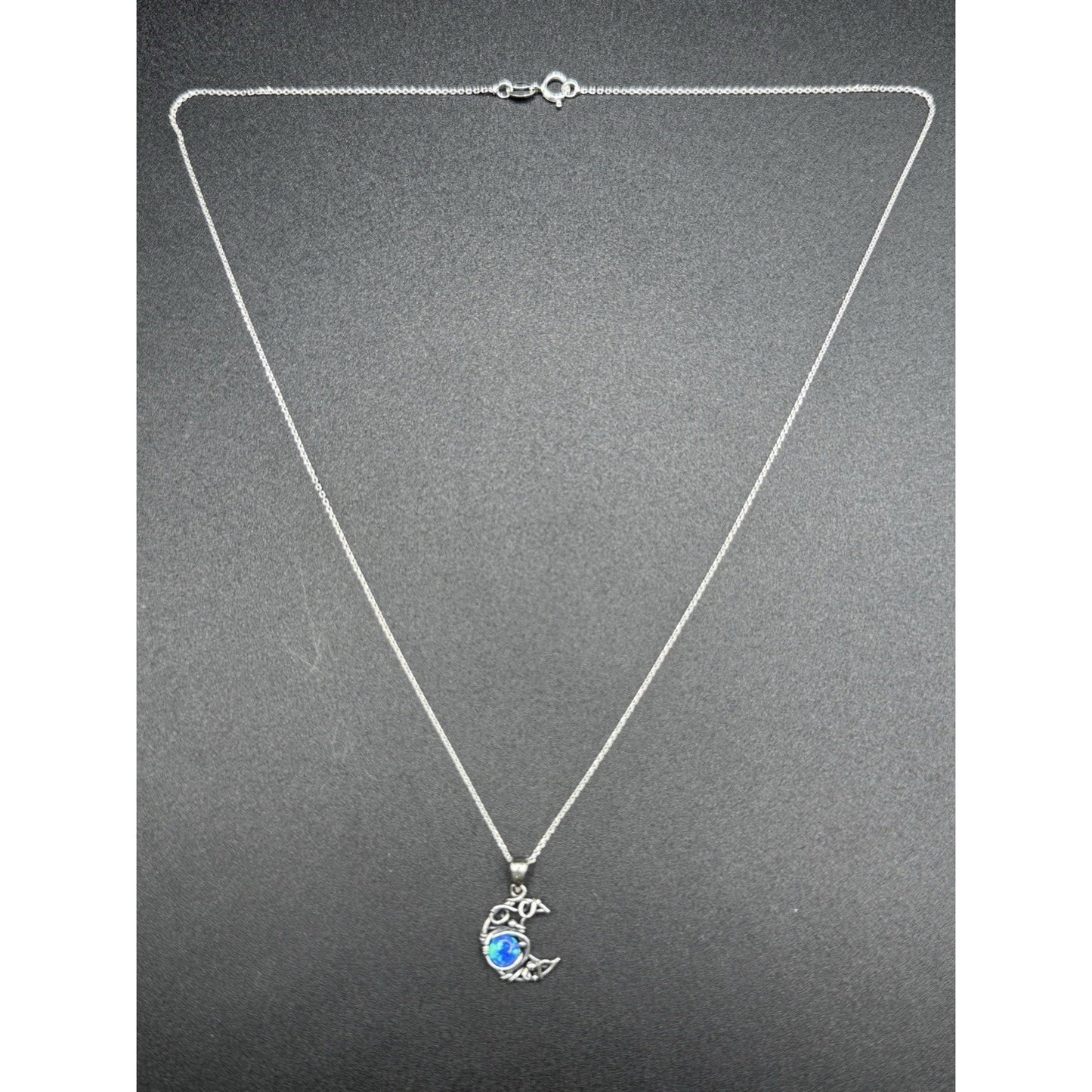 18” New Condition Sterling Silver Lab Blue Opal Artisan Crescent Moon Pendant