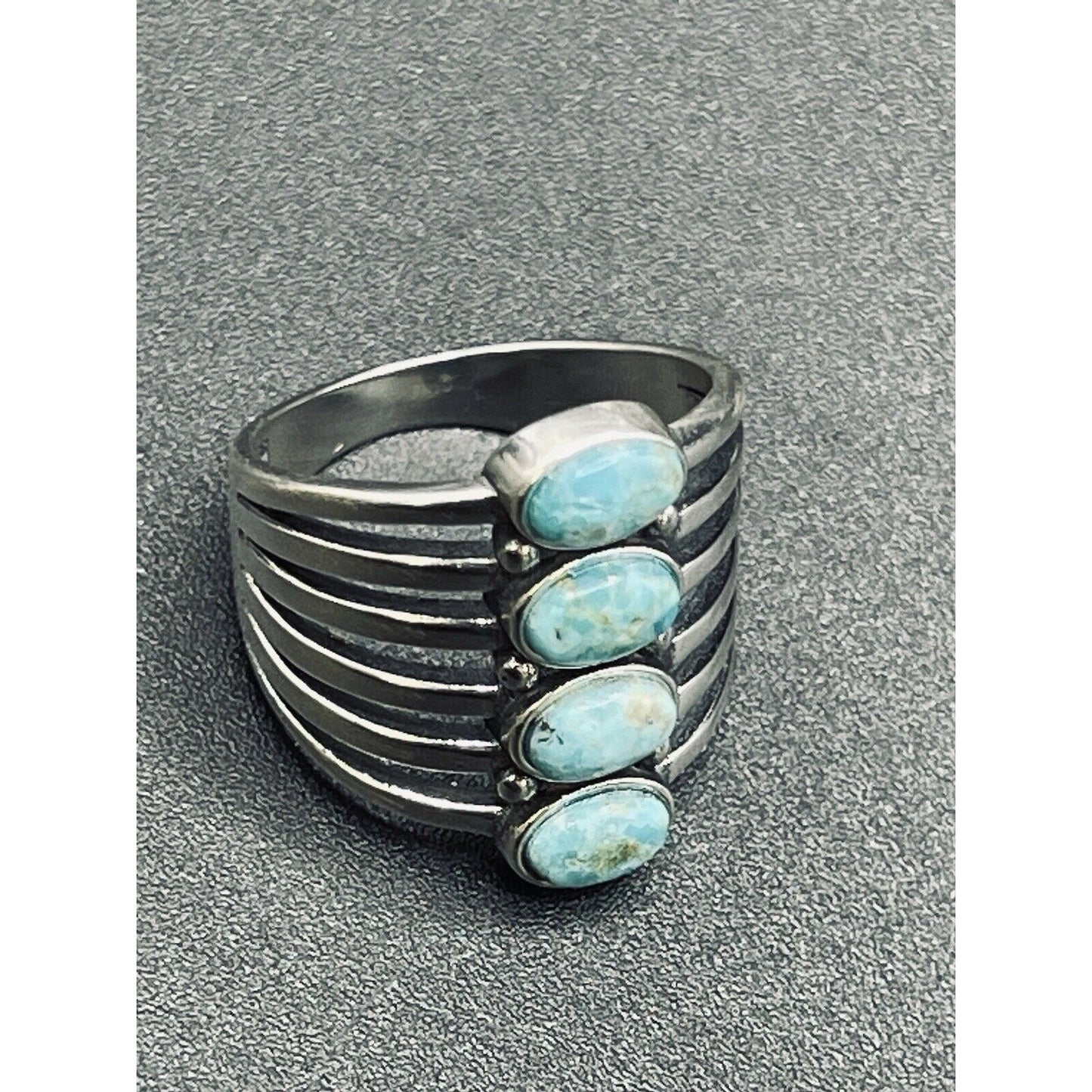New Condition Sterling Silver 4 Vertical Turquoise Ring Size 6.75