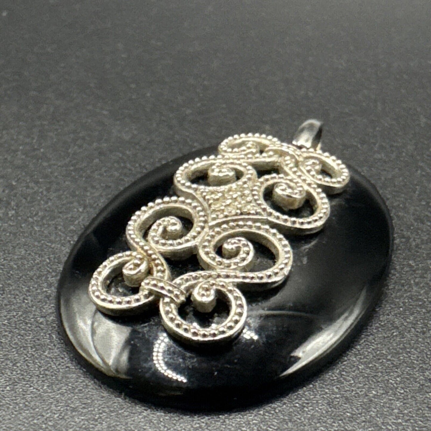 Vintage Sterling Silver Genuine Diamond Onyx Pendant 45x32mm 925 N1