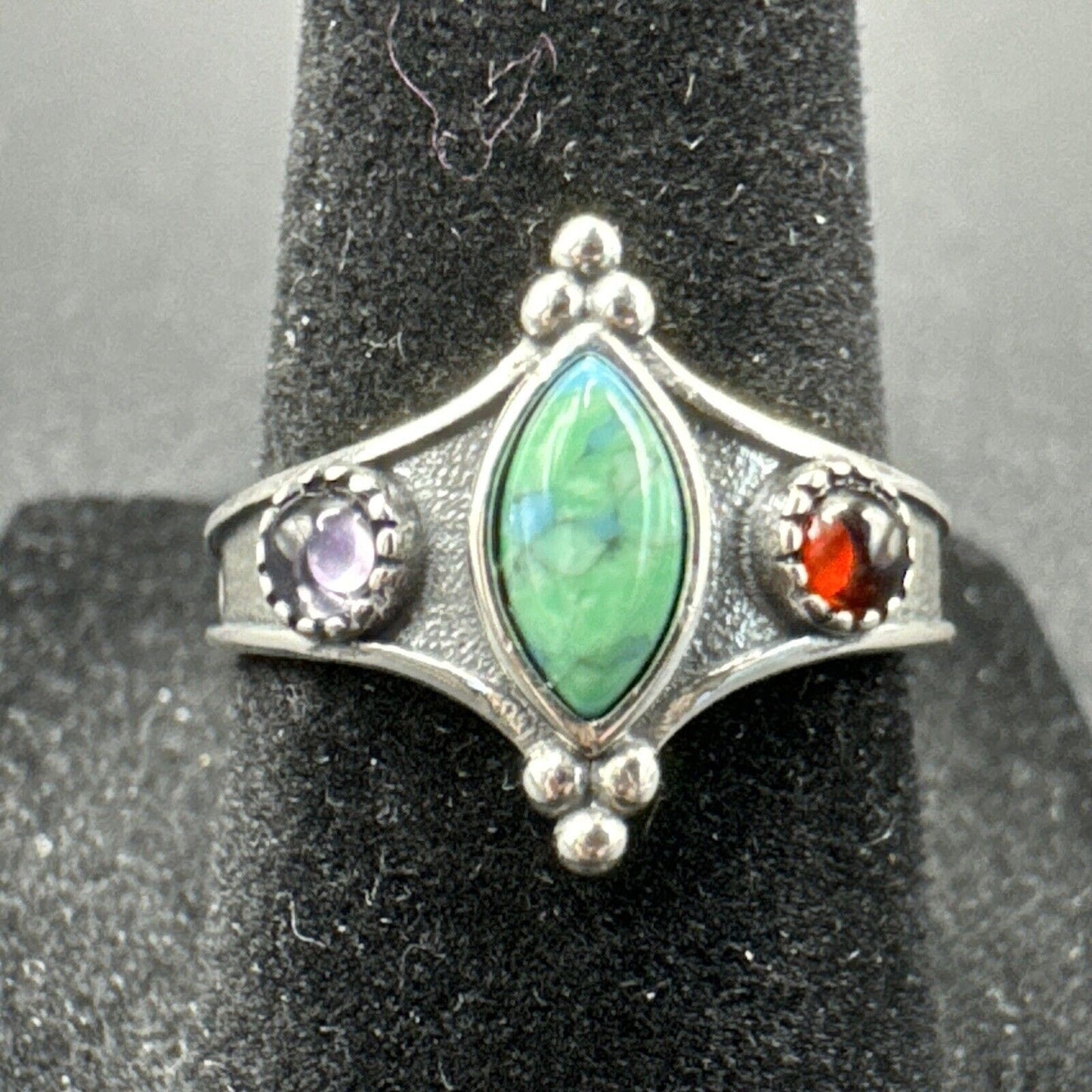 New Condition Sterling Silver Turquoise Garnet Amethyst Ring 925 Size 7
