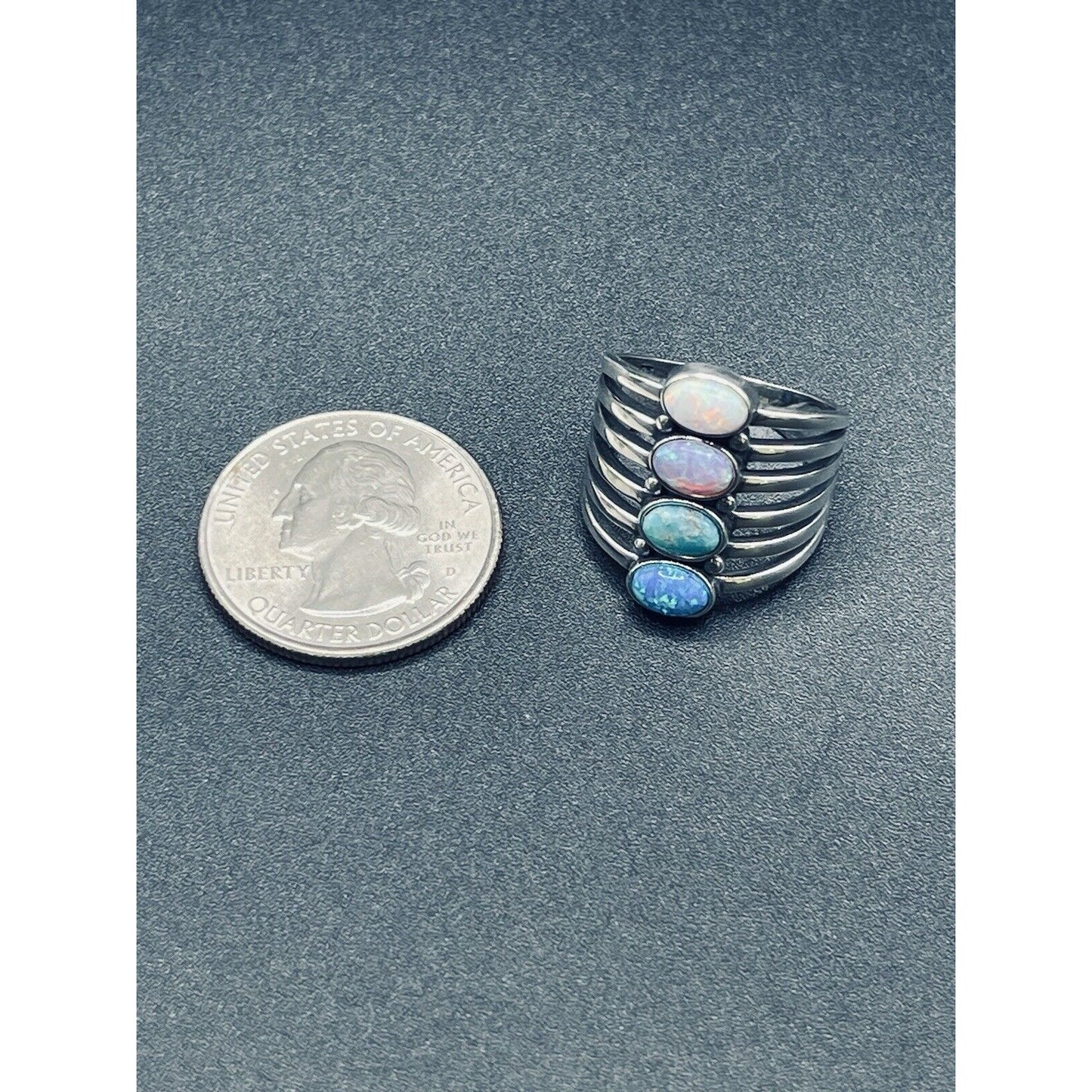 New Condition Sterling Silver Multi Color Lab Opal Ring Size 6.75
