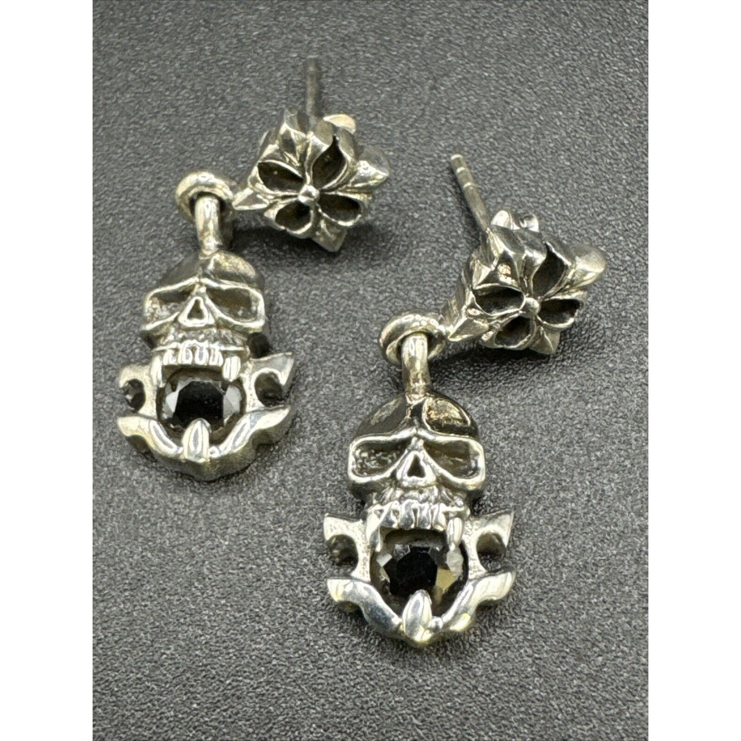 New Condition Sterling Silver Skull Earrings Black CZ Goth
