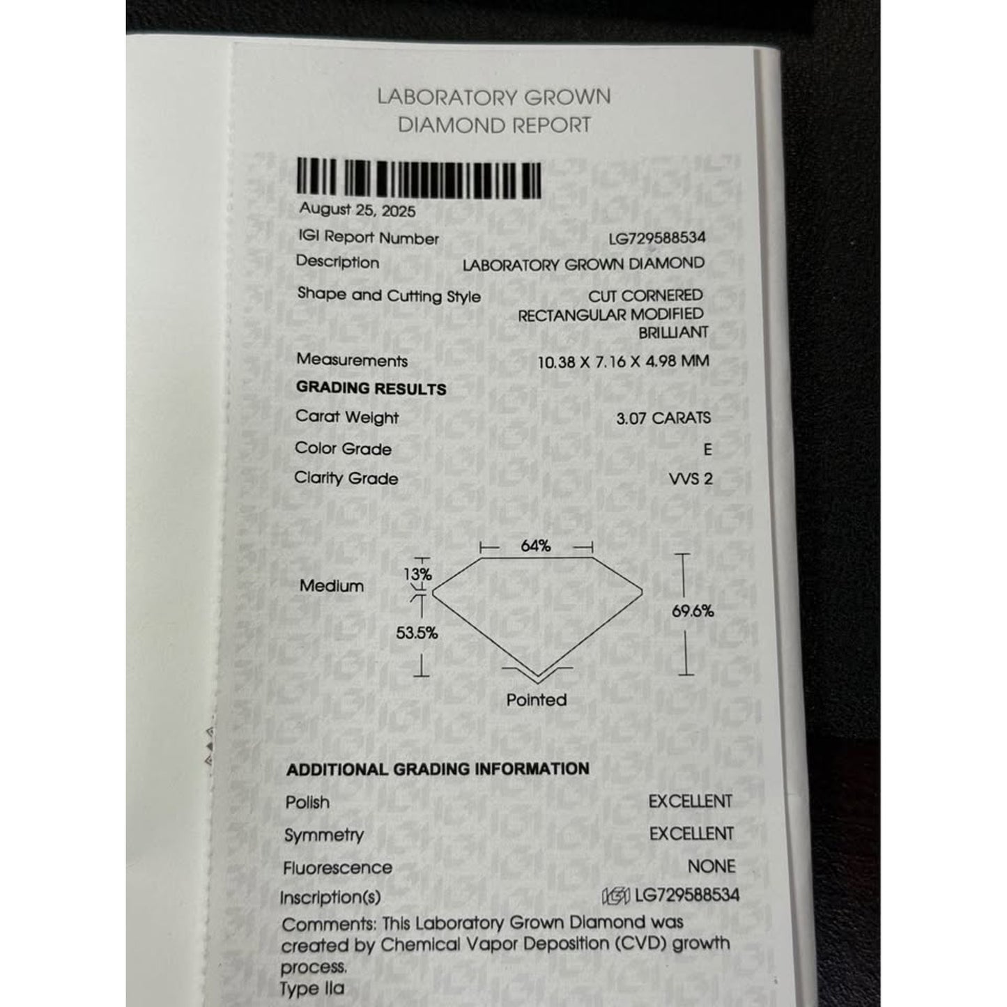 14k White Gold 3.07 Radiant E Color VVS2 Clarity IGI Ring IGI Brand New Ring 3.58 Total Weight