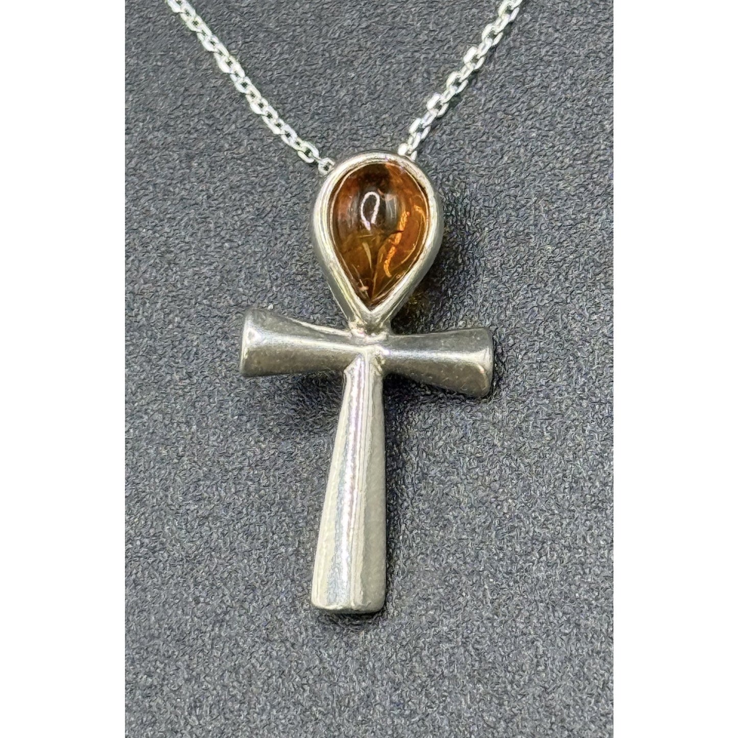 18” Sterling Silver Genuine Amber Cross Pendant Necklace P3