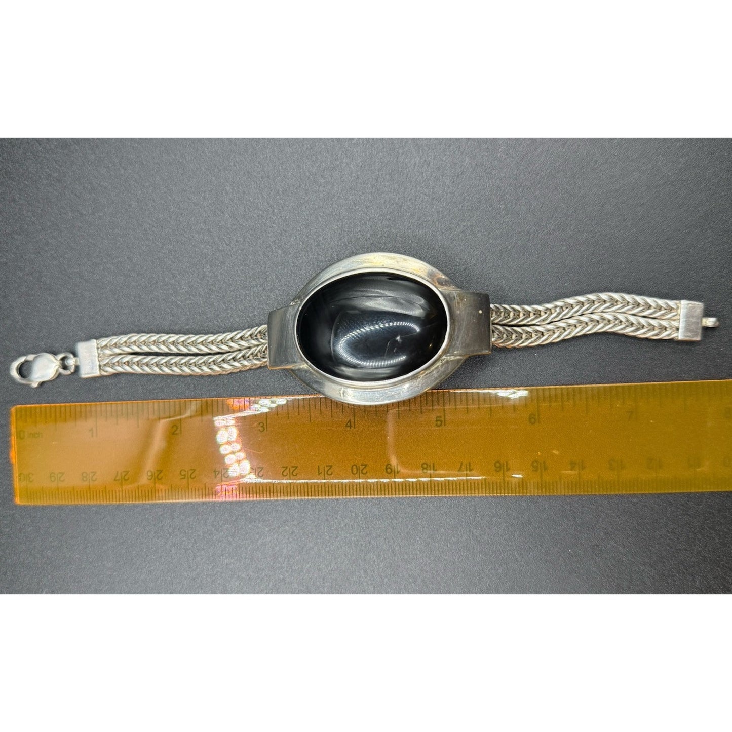 Gents Sterling Silver Onyx Bracelet 92 Grams Abraded Stone N19