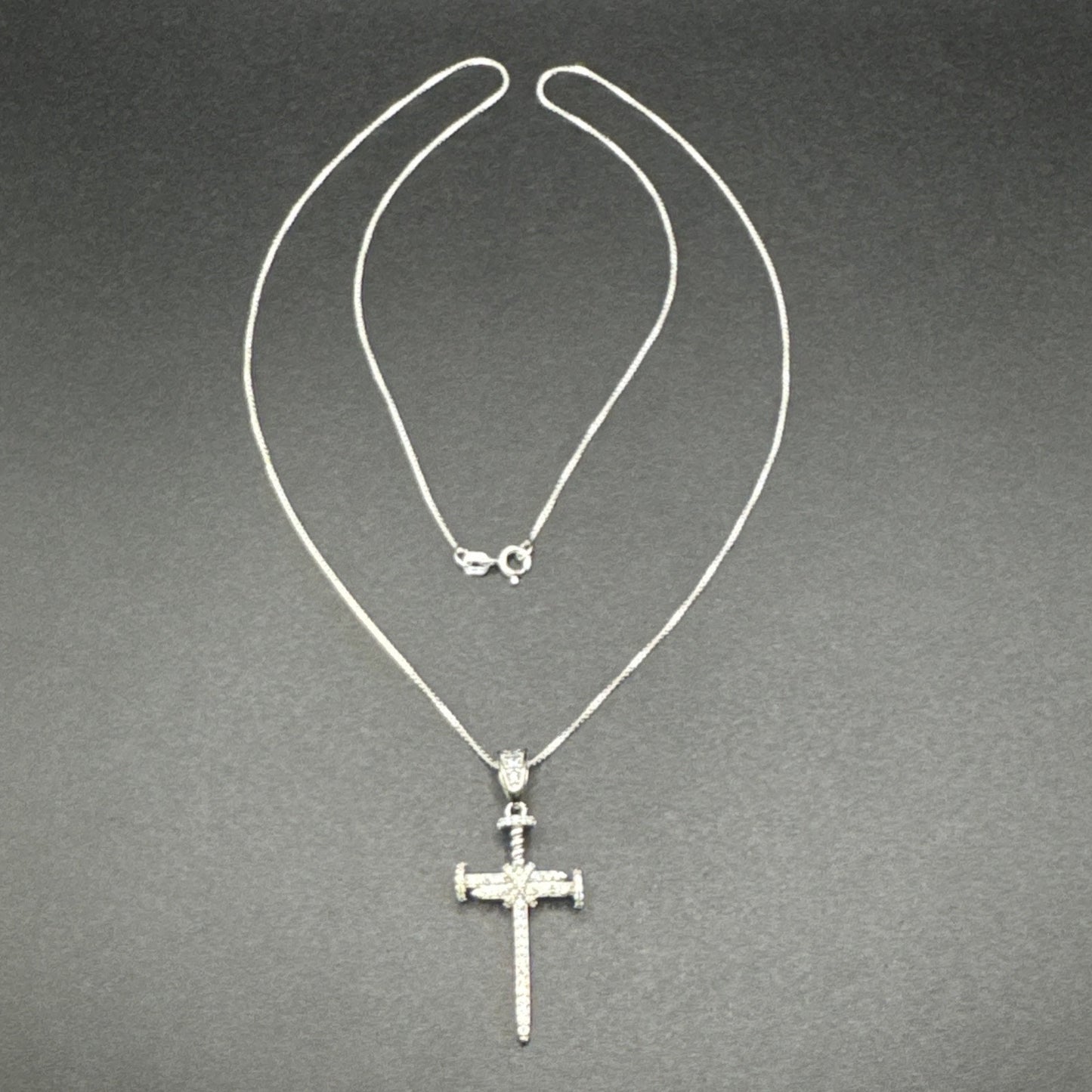 New Condition Sterling Silver 22” CZ Cross Of Nails Pendant Necklace 925