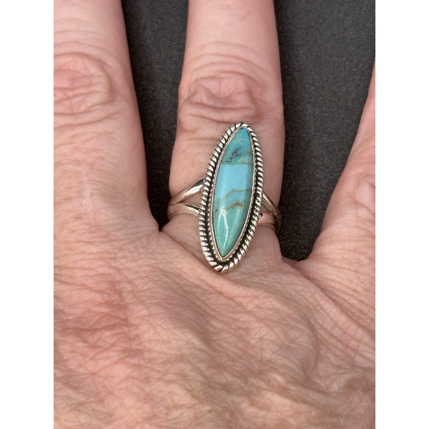 New Condition Sterling Silver Turquoise Oblong Ring Size 7.00