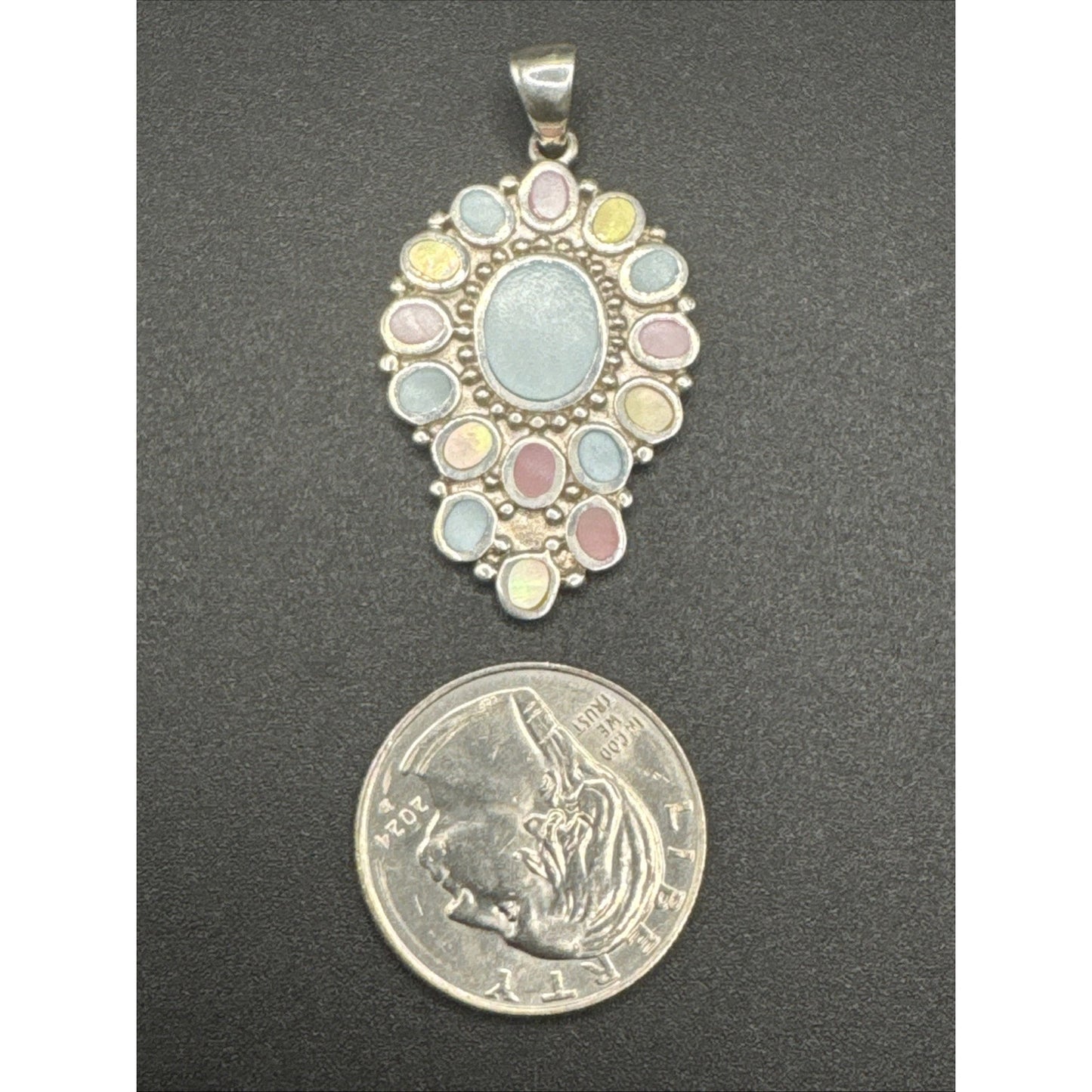 Vintage Sterling Silver Mother Pearl Pendant Macaroon Pastel Colors 925 R06