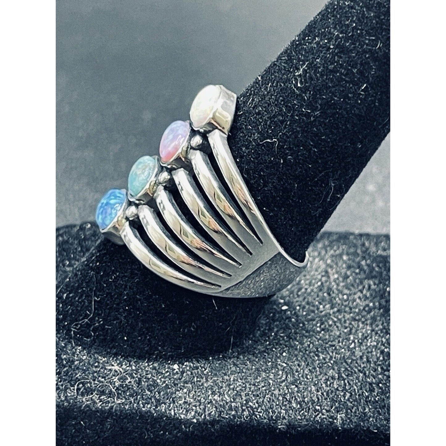 New Condition Sterling Silver Multi Color Lab Opal Ring Size 6.75