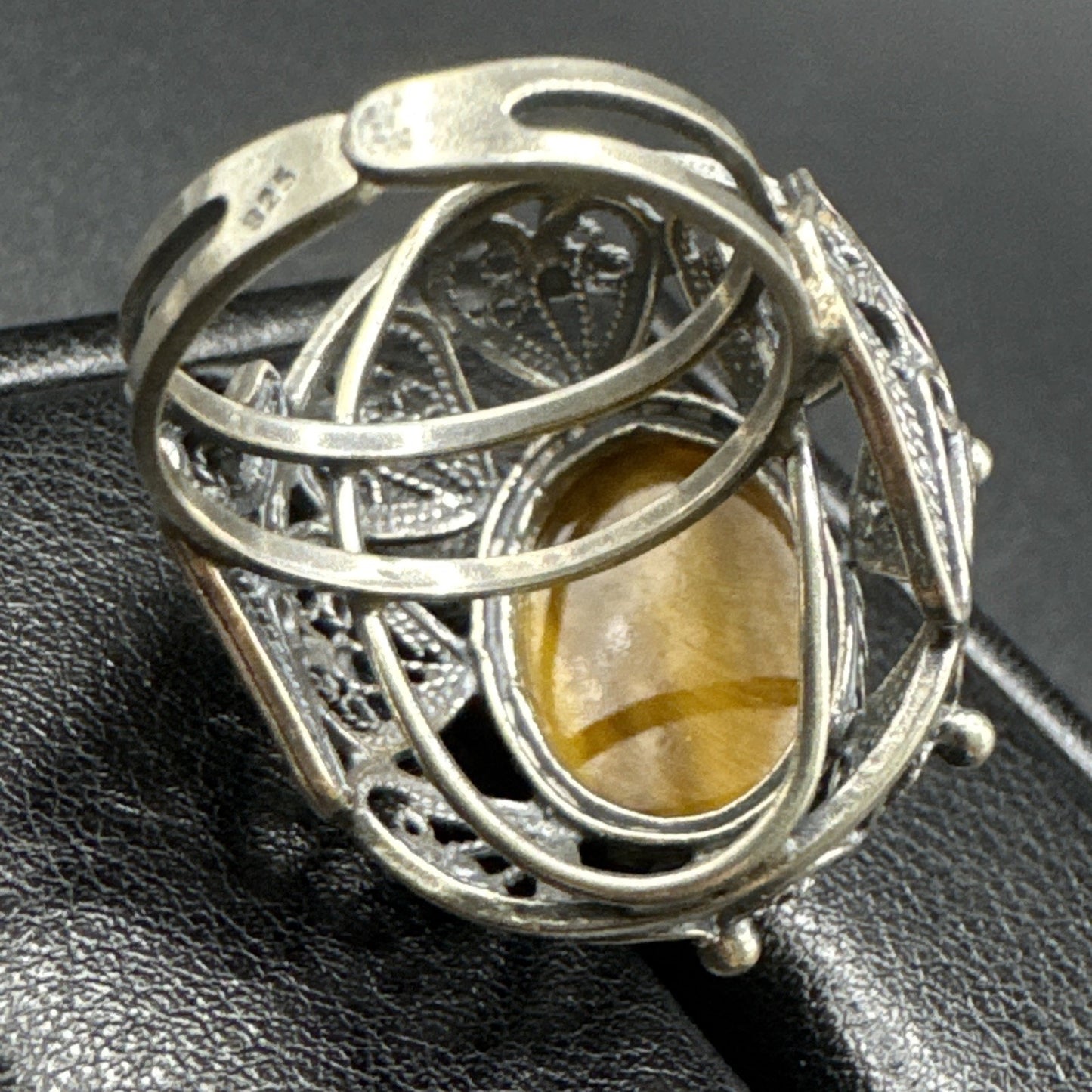 Vintage Sterling Silver Tigers Eye Dome Ring 915 Size Adjustable Q28