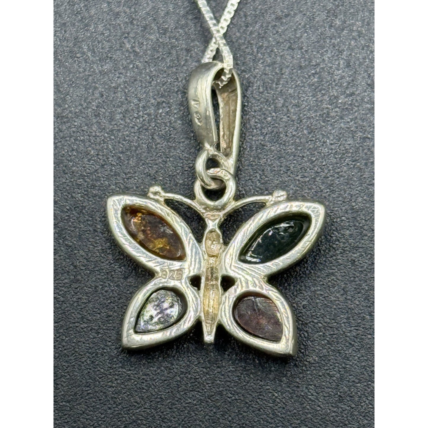 18” Sterling Silver Genuine Multi Color Amber Butterfly Pendant Necklace P3