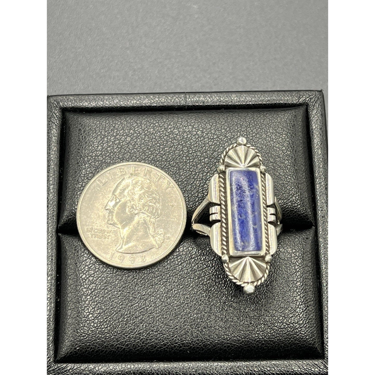 New Condition Sterling Silver Lapis Art Deco Ring Size 7