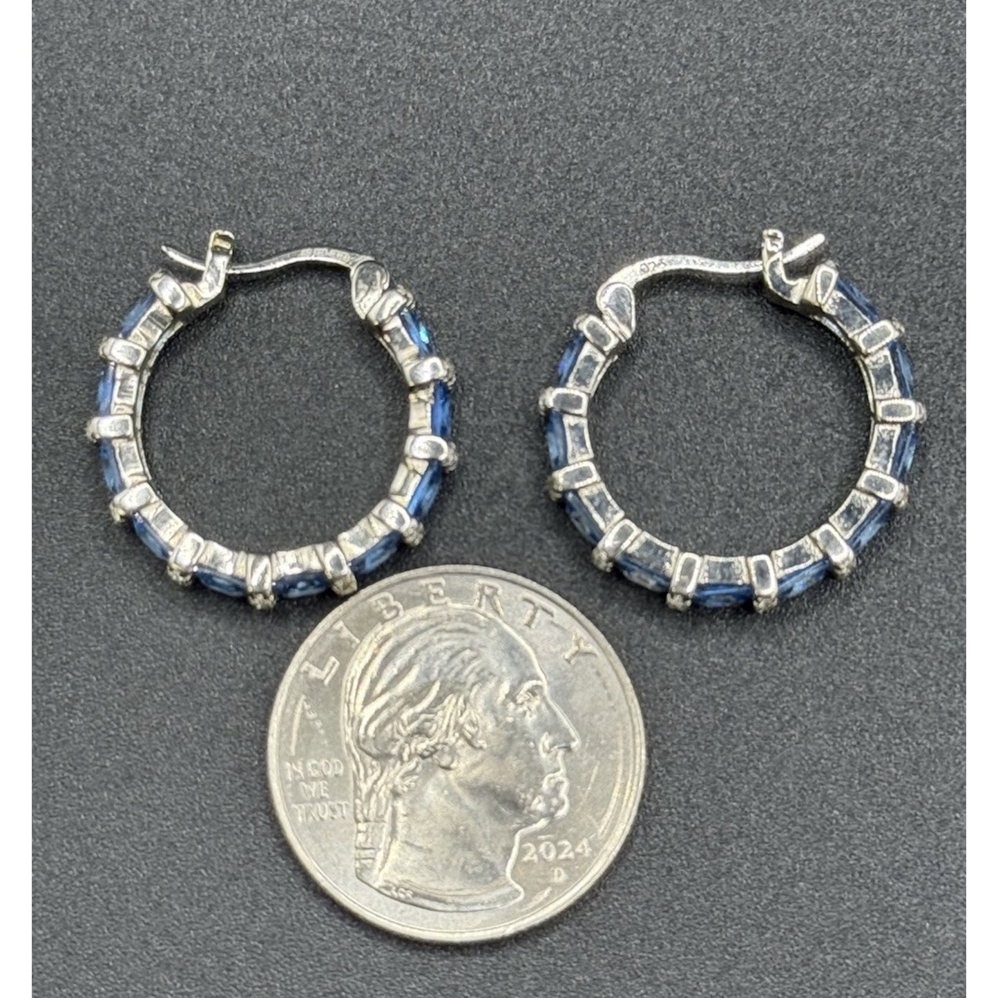New Condition Sterling Silver Blue C.Z. Hoop Earrings 25MM 925 N17
