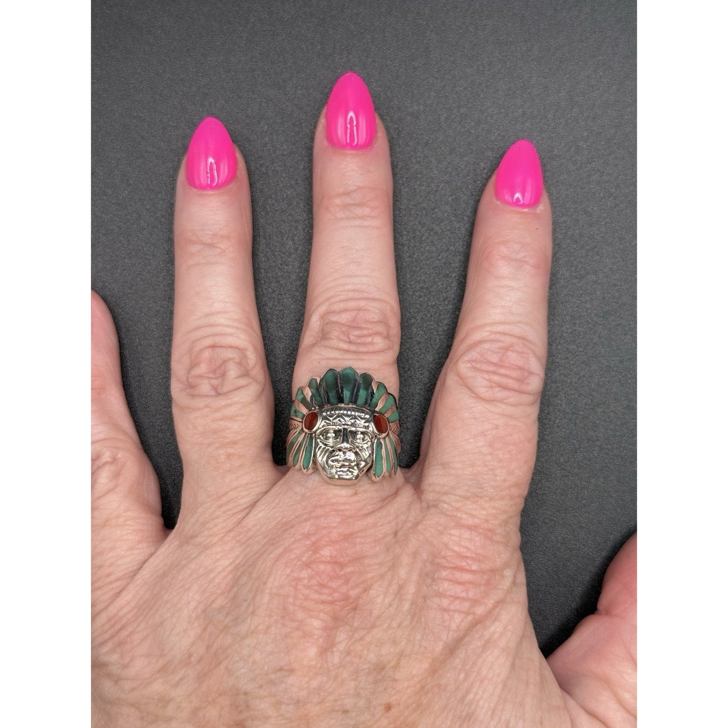 New Condition Sterling Silver Multi Turquoise Chief Ring Size 7.75