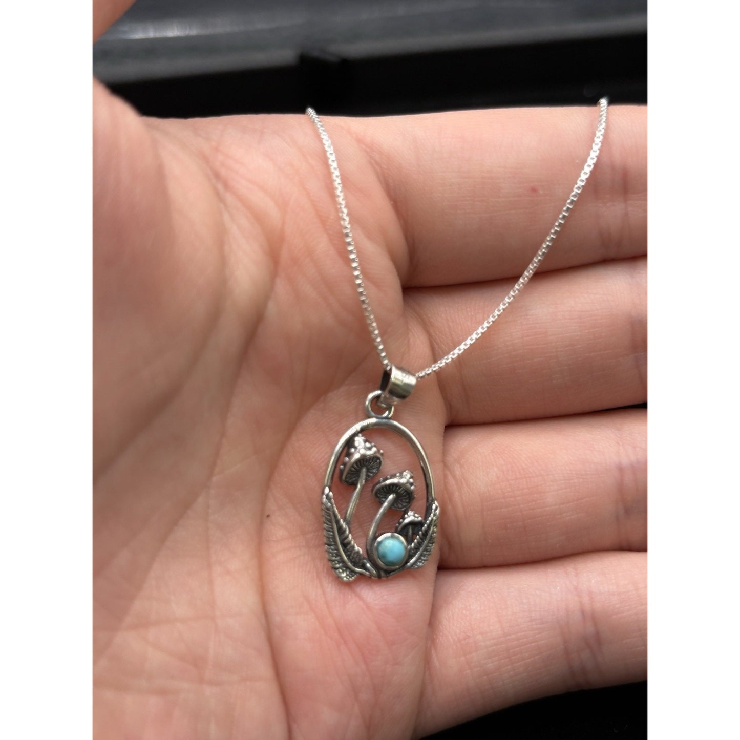 New Condition Sterling Silver Turquoise Mushrooms Pendant Necklace 18"