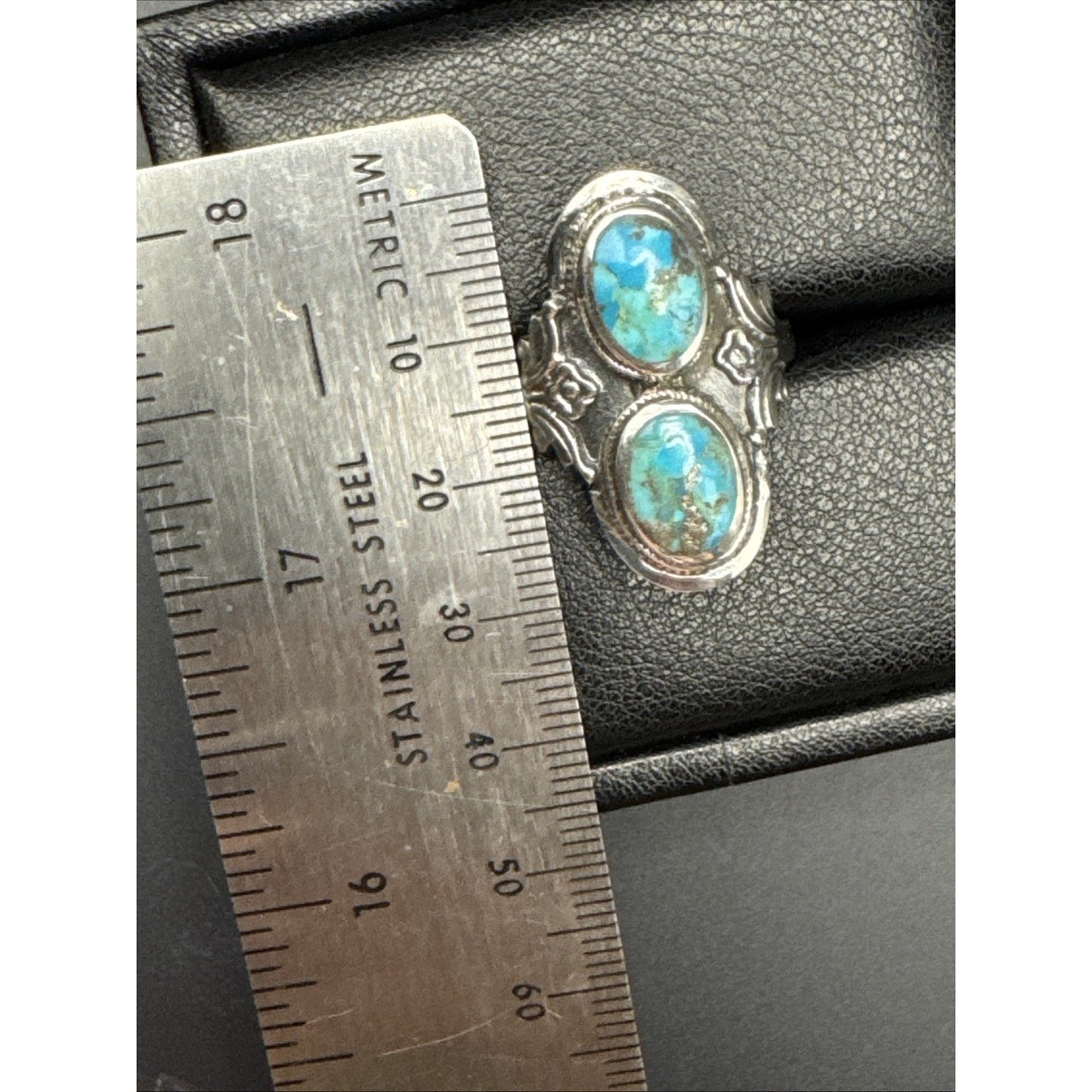 New Condition Sterling Silver Double Turquoise Long Ring Size 10