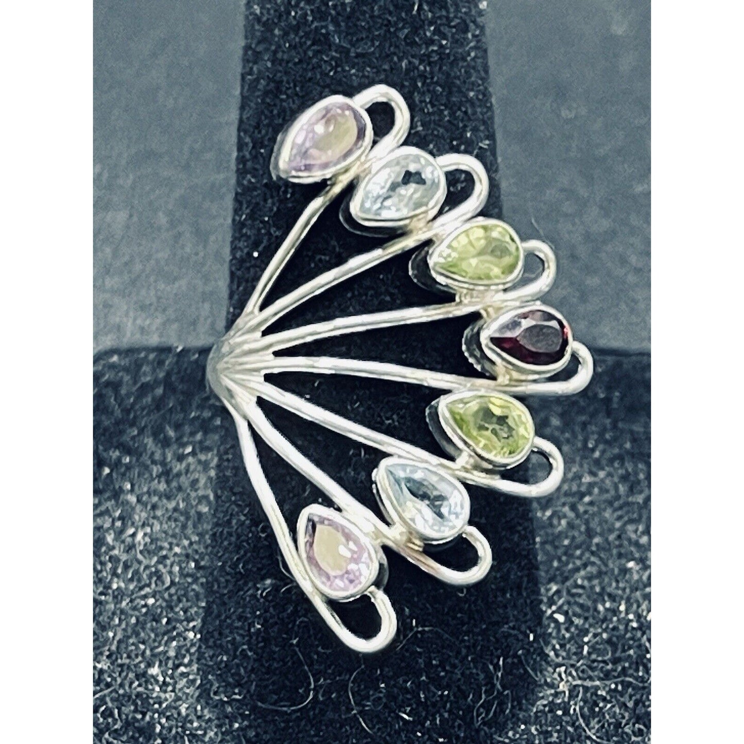New Condition Sterling Silver Multi Gemstone Bezels Ring Size 7.00
