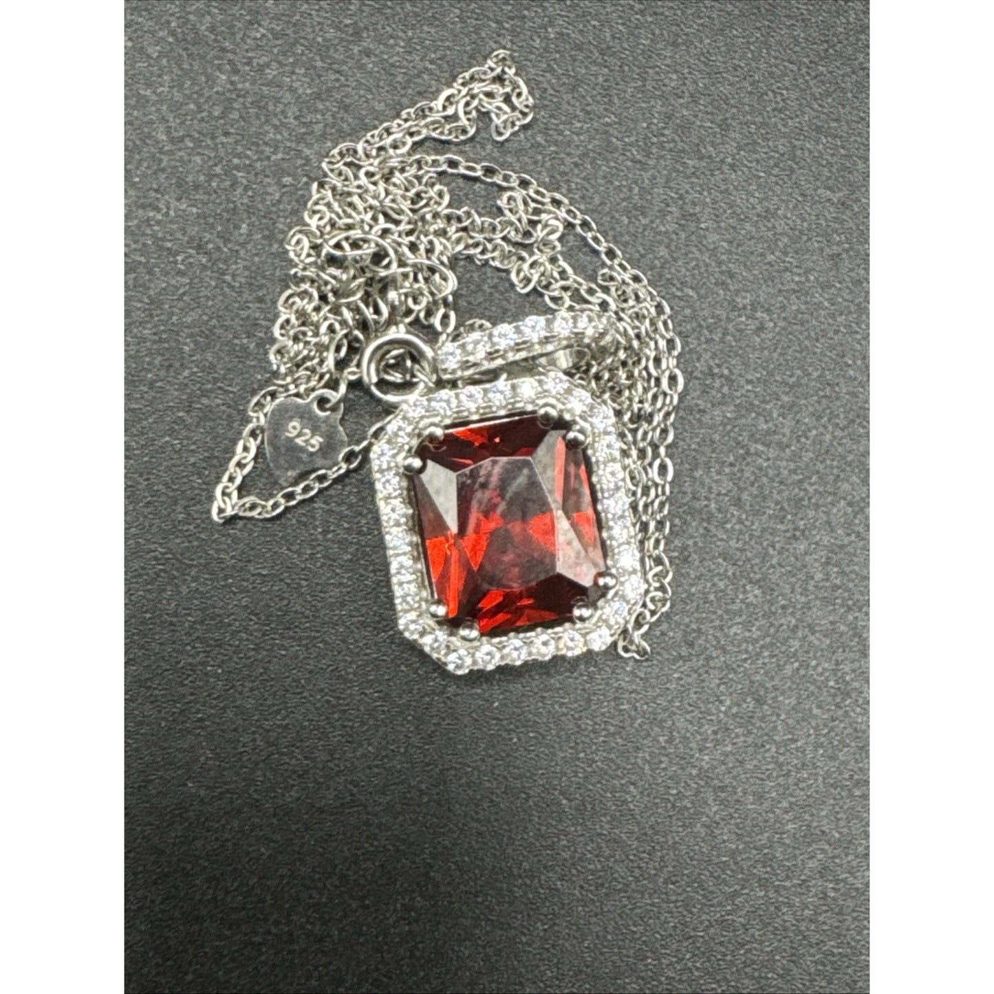 18” Sterling Silver Red CZ Halo Pendant Necklace 925 T27