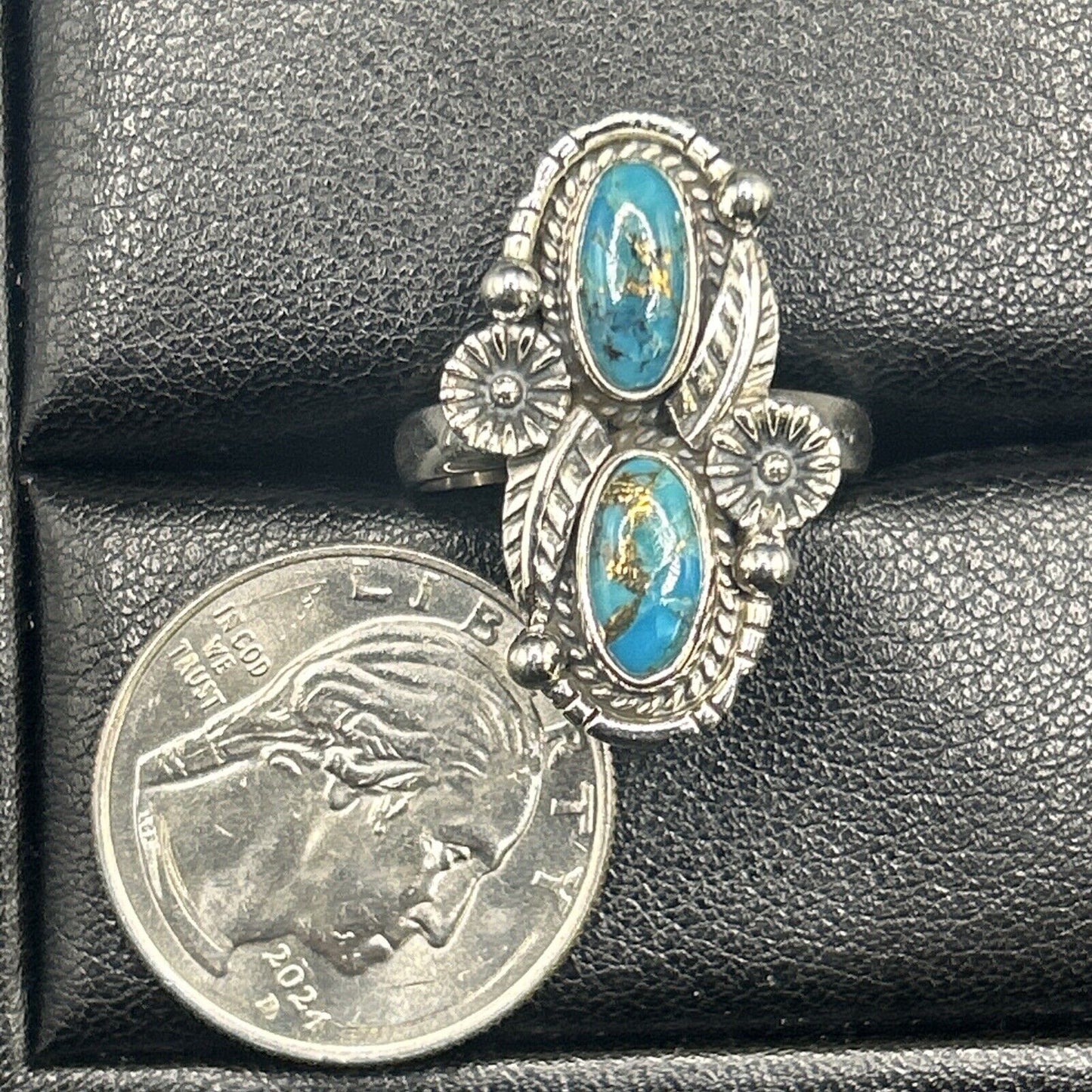 New Condition Sterling Silver Double Copper Turquoise Ring Size 10.00