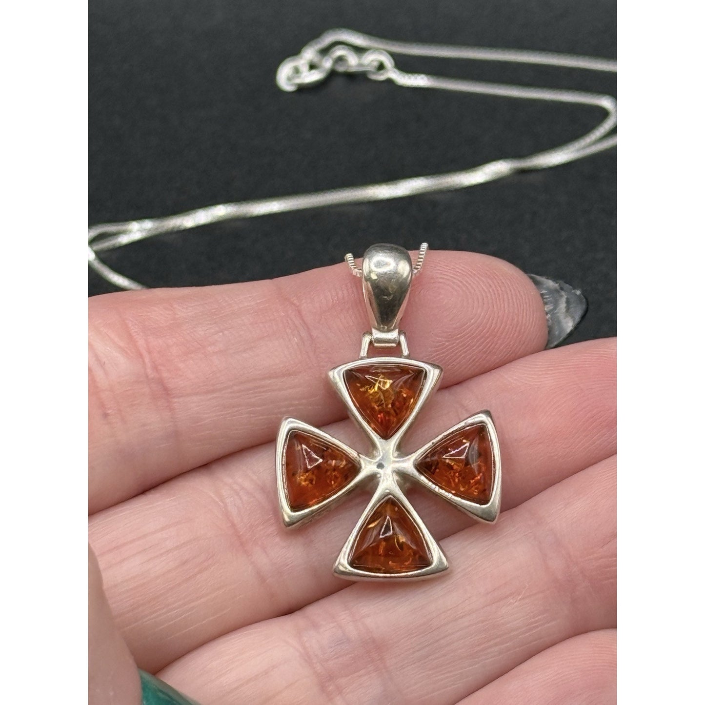 18” Sterling Silver Genuine Amber Cross Pendant Necklace P3